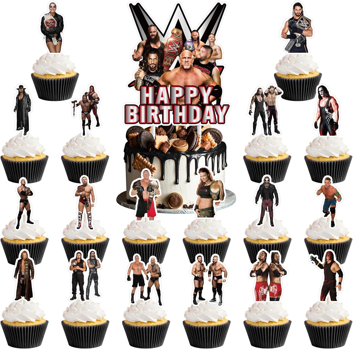 Genshii 37pcs Wrestling cake decoration set include 1pc big cake topper 36pcs cupcake toppers for Wrestling Theme birthday party decor (WWE)