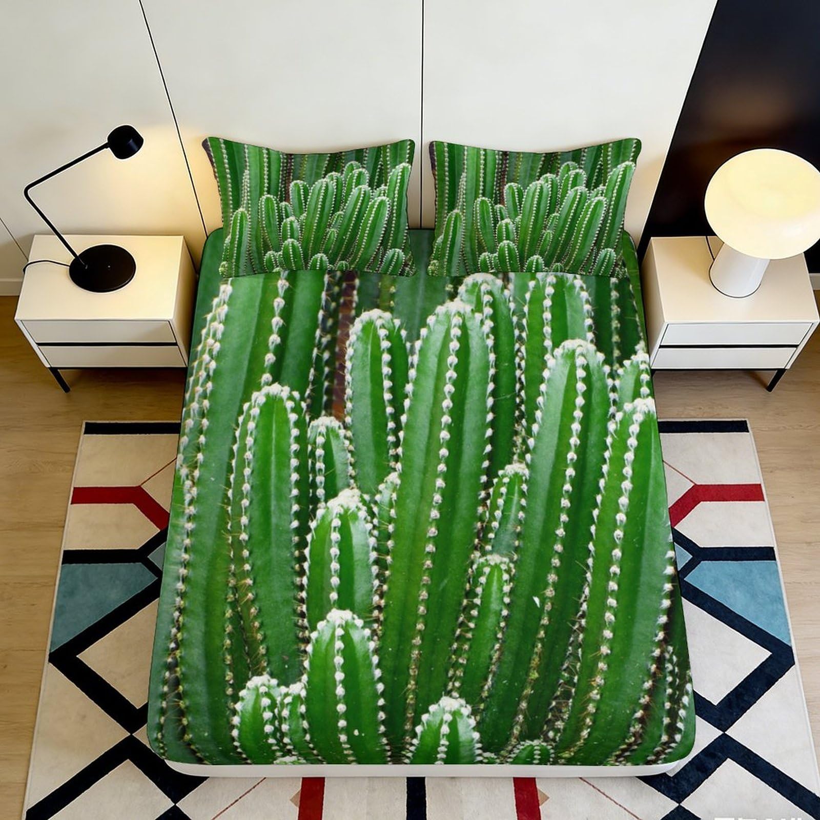 3D Printed Cactus Fitted Sheet Microfiber Soft Breathable Succulent Bed Cover for Bedroom Dormitory Guest Room Mattress Protection Decor 90x200x25cm