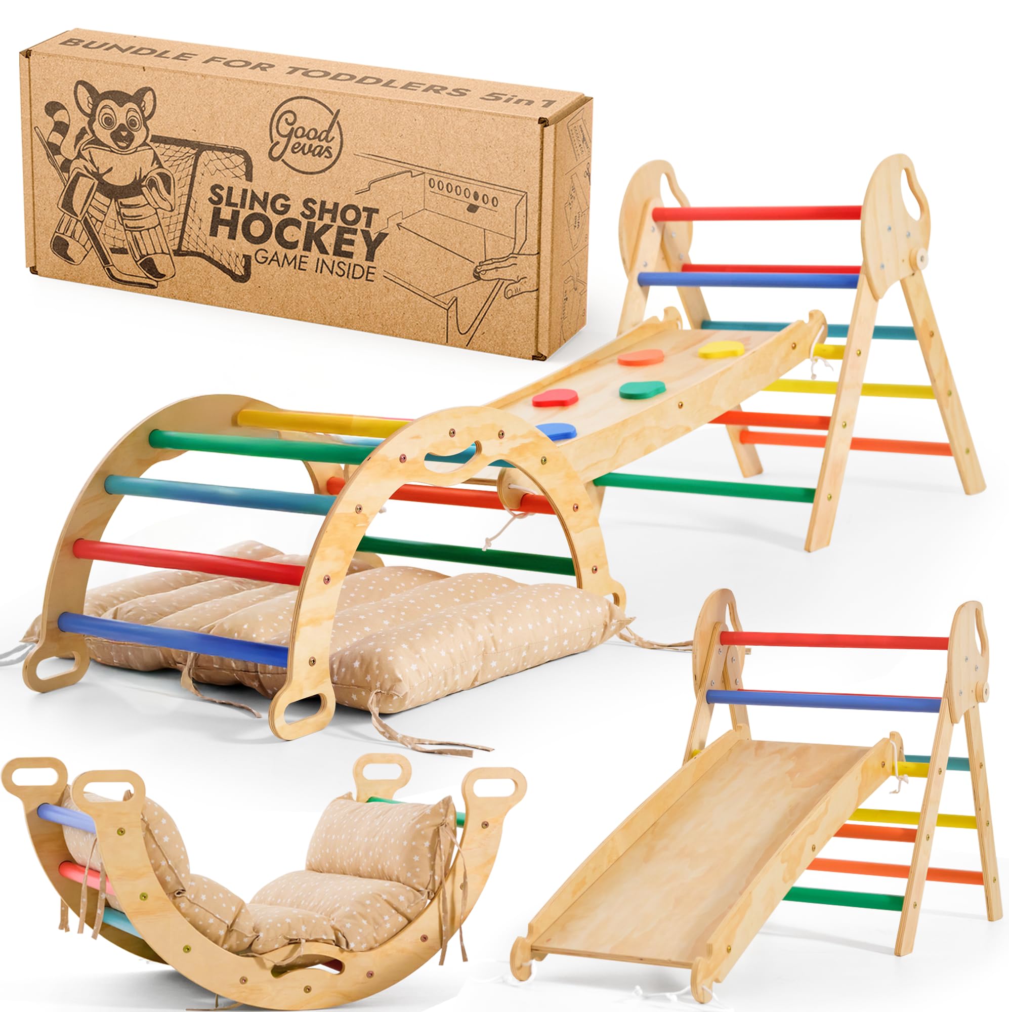 Goodevas Set 5-in-1 Montessori per arrampicata: triangolo da arrampicata per interni, arco da arrampicata con cuscino e scivolo per bambini, parco giochi al coperto 1-3 anni