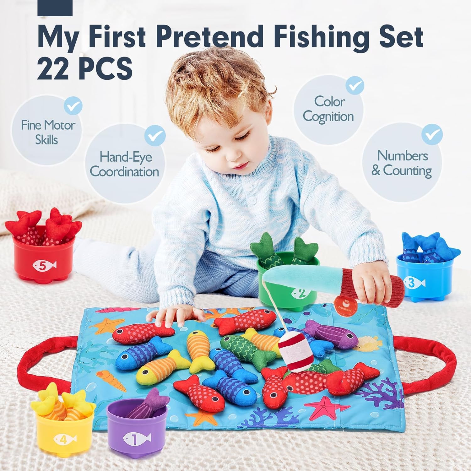 Gioco Pesca Magnetico Morbido in Tessuto per Bambini 1-3 Anni, Giocattolo Educativo Montessori con 15 Pesci e Secchielli