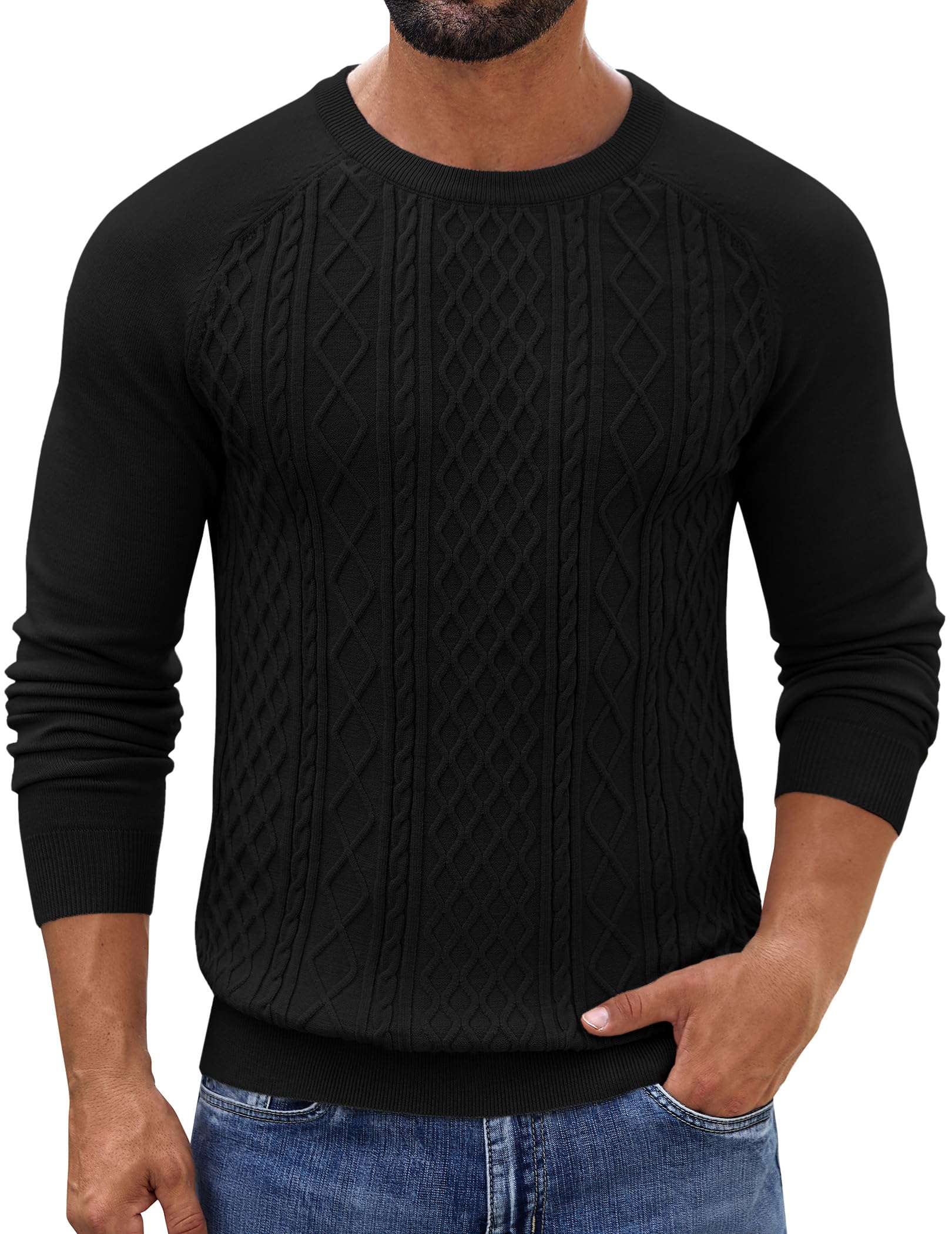 COOFANDY Herren Pullover Rundhals Langarm Strickpullover Zopfstrick Winterpullover Warm Slim fit Zopfmuster Sweater