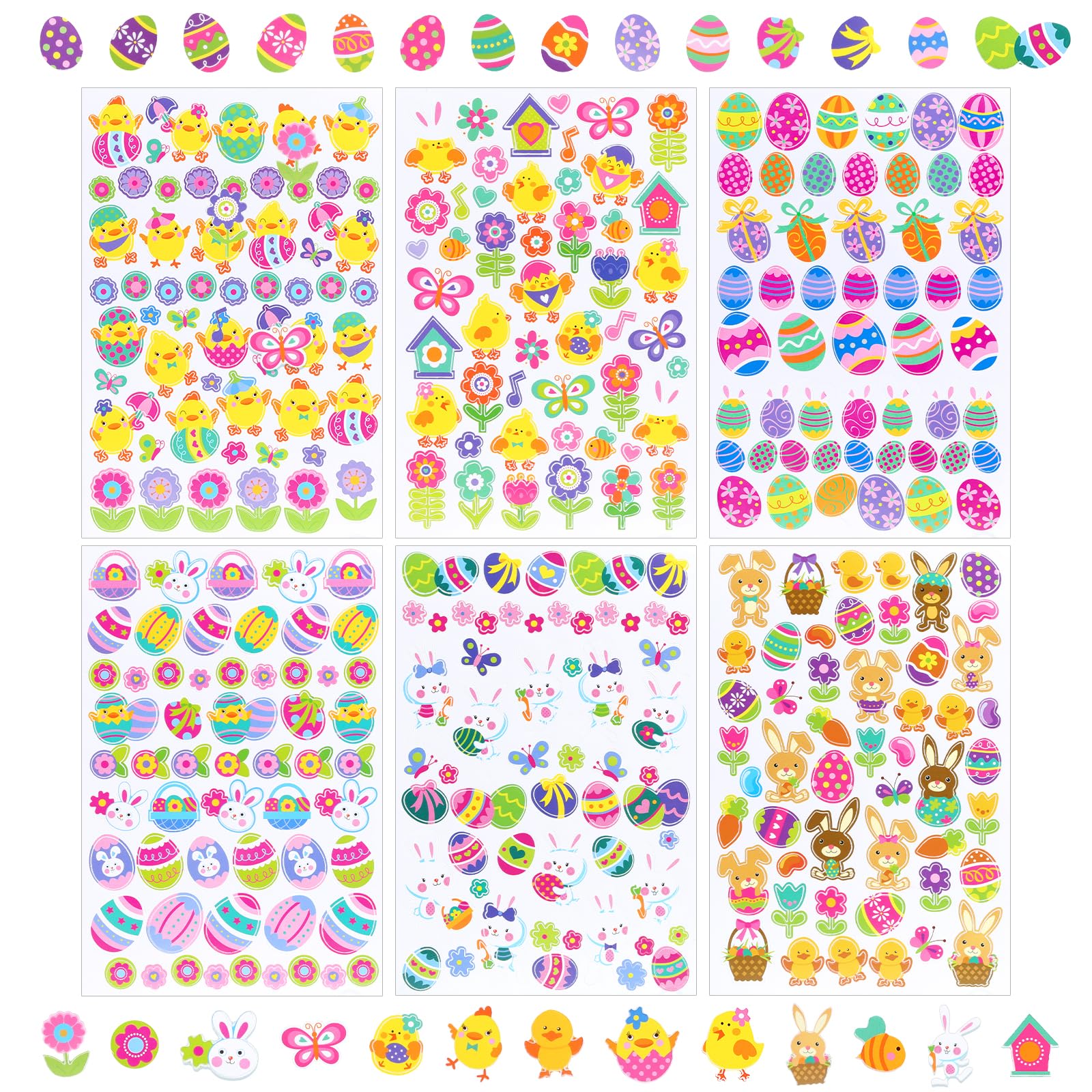 NalerEaster Stickers Sheet Assorted Easter Bunny Stickers for Easter Party Favor Kids DIY Craft Art Making Decoration, 6-Pack