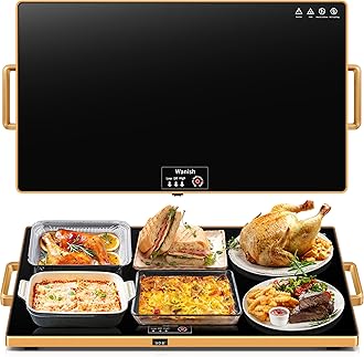 Electric Warming Tray（XXL 32”x18”） with Thermostat & 78" Power Cord,Handles Food Warmer with Adjustable Temperature -Keep Food Hot for Parties,Gatherings,Heat Resistant Tempered Glass Surface,Black