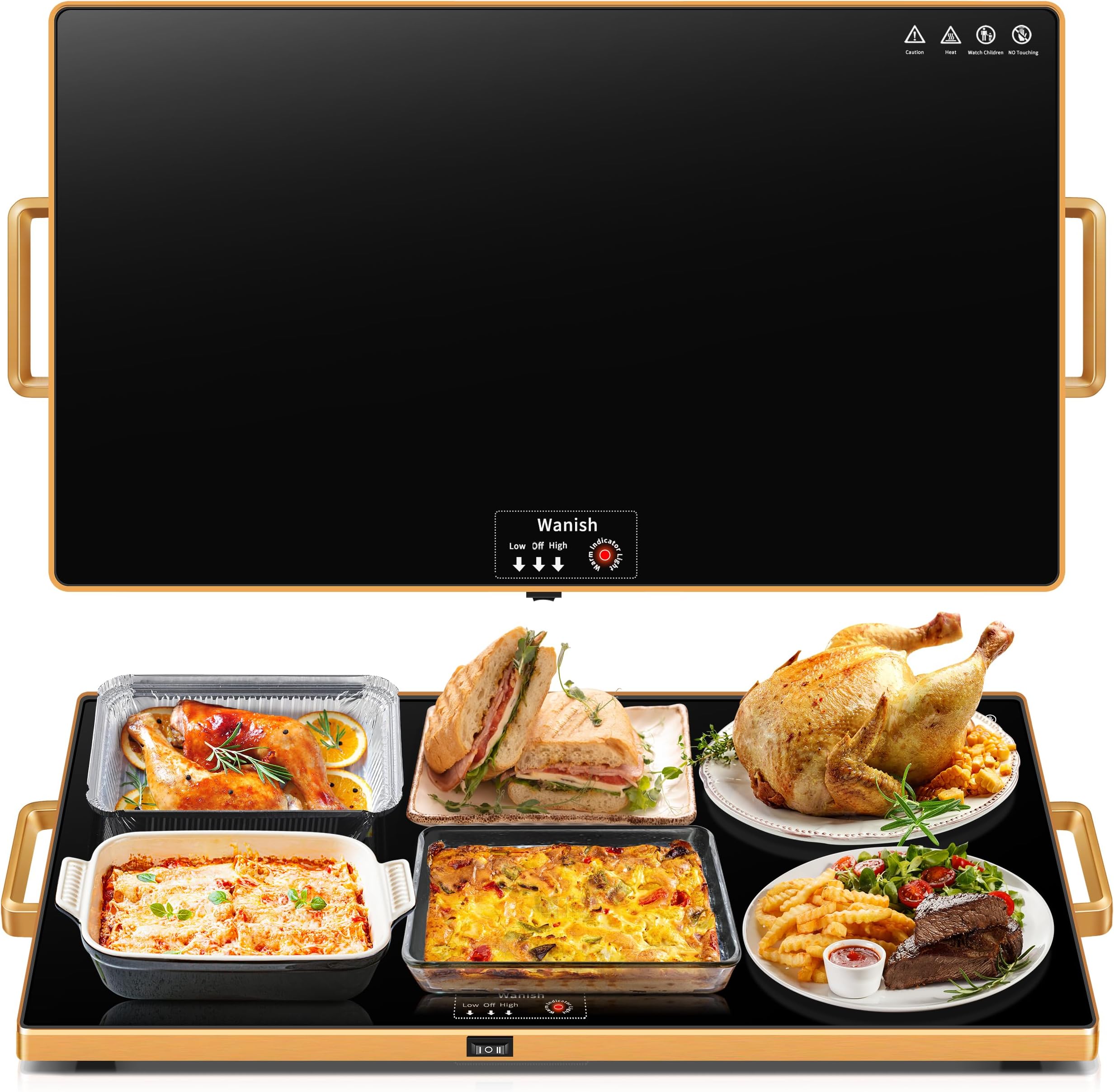 Electric Warming Tray, XXL (32" x 16") Adjustable Temperature, Full Heat, Food Warmer - Keeps Food Hot for Parties, Family Gatherings, and Everyday Use, Tempered Glass with Handles, Black