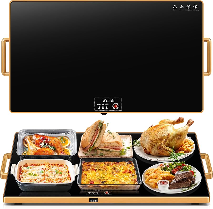 Electric Warming Tray (XXL 32”x18”),Food Warmers for Parties Buffet with Thermostat & Full Surface Heating, Tempered Glass Warming Mat for Food, Temperature Adjustable Gold Handles Food Warming Mat
