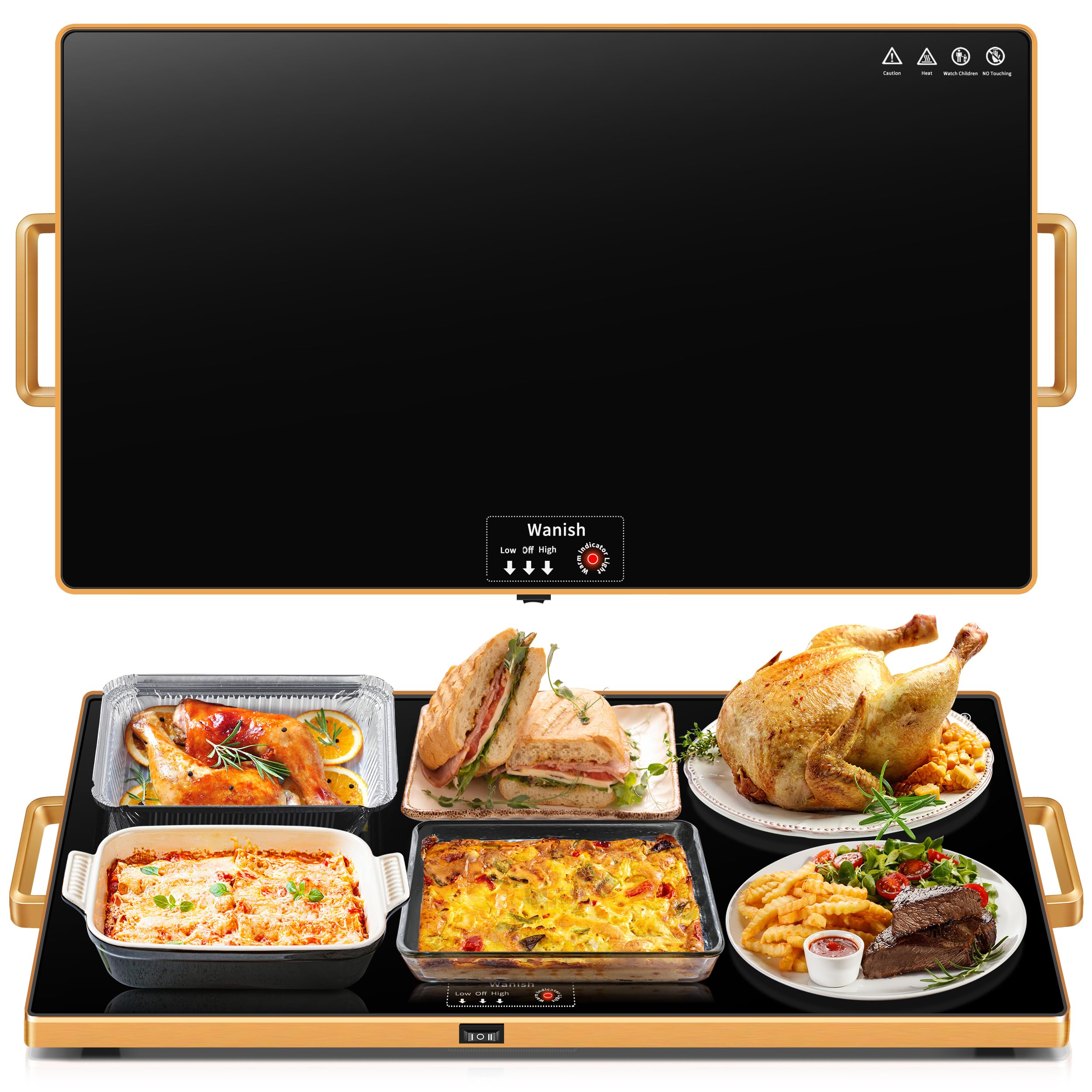 Electric Warming Tray, XXL (32" x 16") Adjustable Temperature, Full Heat, Food Warmer - Keeps Food Hot for Parties, Family Gatherings, and Everyday Use, Tempered Glass with Handles, Black
