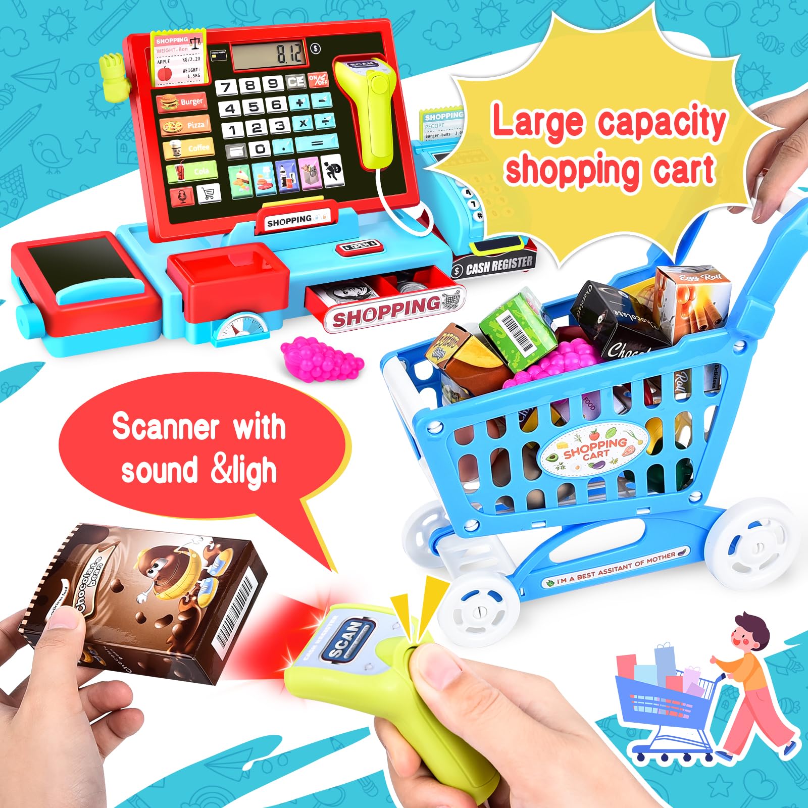 Joellfuner Registratore di Cassa Giocattolo, Supermercato Giocattolo per Bambini, Con 46 Accessori (Vera Calcolatrice/Scanner/Soldi Finti/Cibo, Ecc.), Giocattolo Per Bambini 3+ Anni