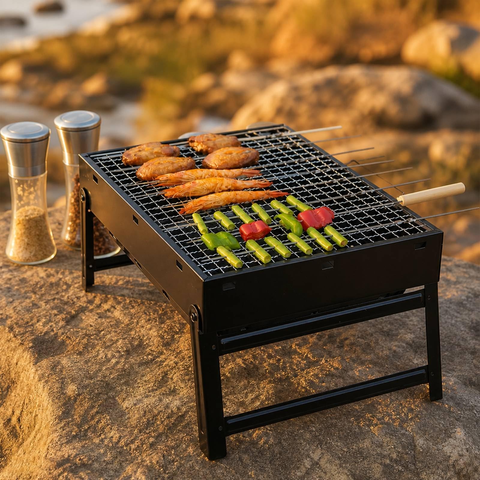 perfeclan Parrilla Portátil Carbón Ligera Barbacoa Portátil Rectangular Resistente Barbacoa Plegable con Patas para Camping, Picnics, Reuniones Al Libre