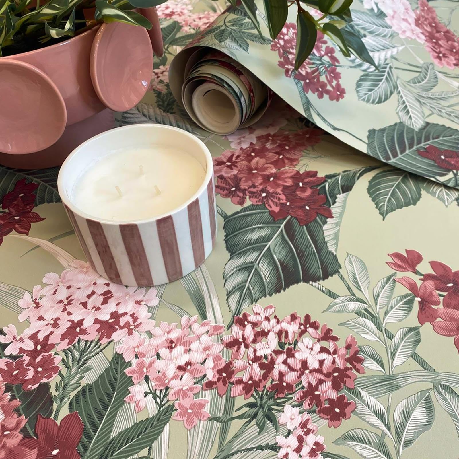 SOPHIE LAURENCE Pink Sage Floral Wallpaper Green Maroon Flowers Smooth Finish Feature Wall Study 10M X 0.53M