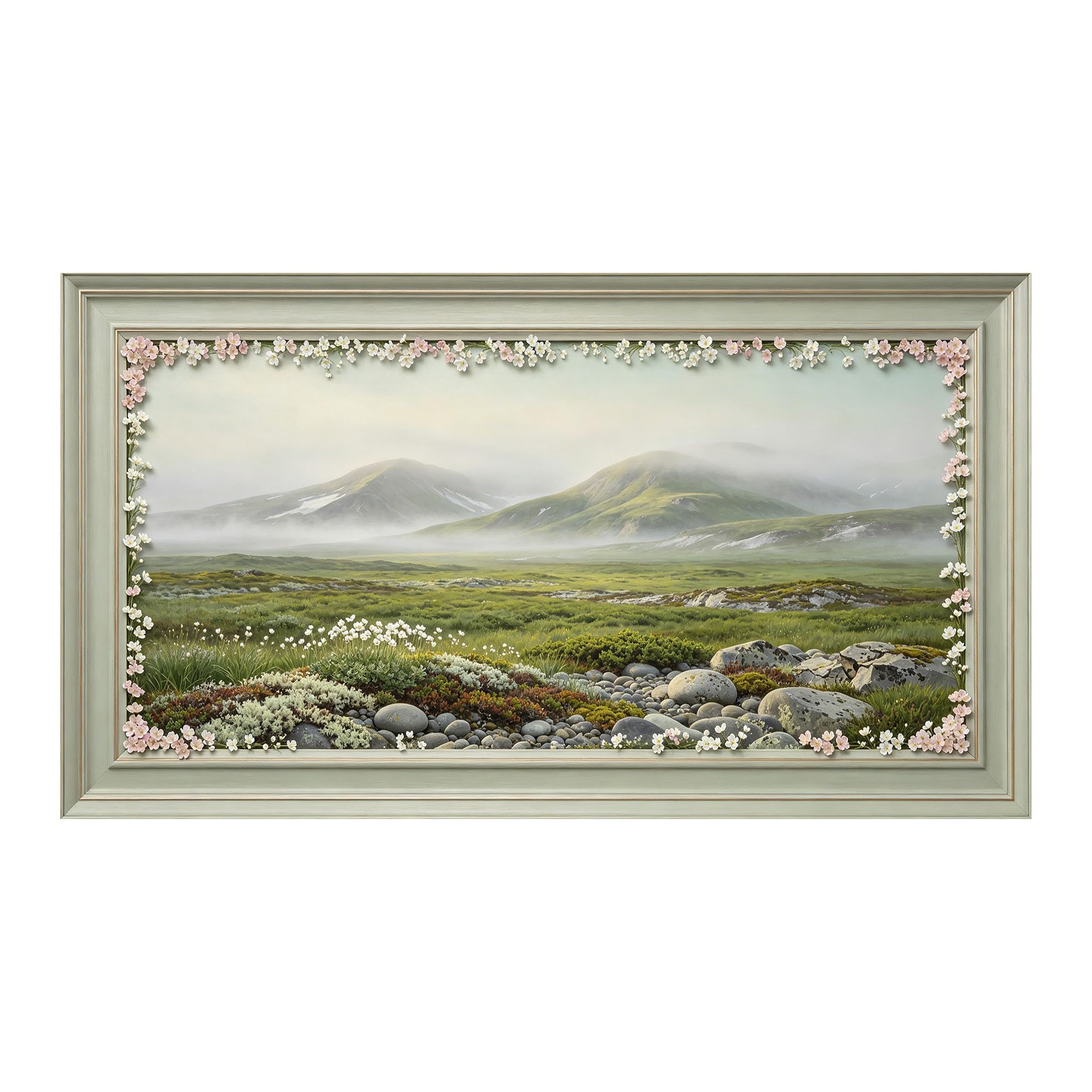 Yzpallescene 3D Framed Wall Art 50cm×100cm Misty Mountain Meadow Floral Watercolor Panoramic Large Size SelfAdhesive Removable Wall Decor Prints Artwork for Living Room Bedroom Office