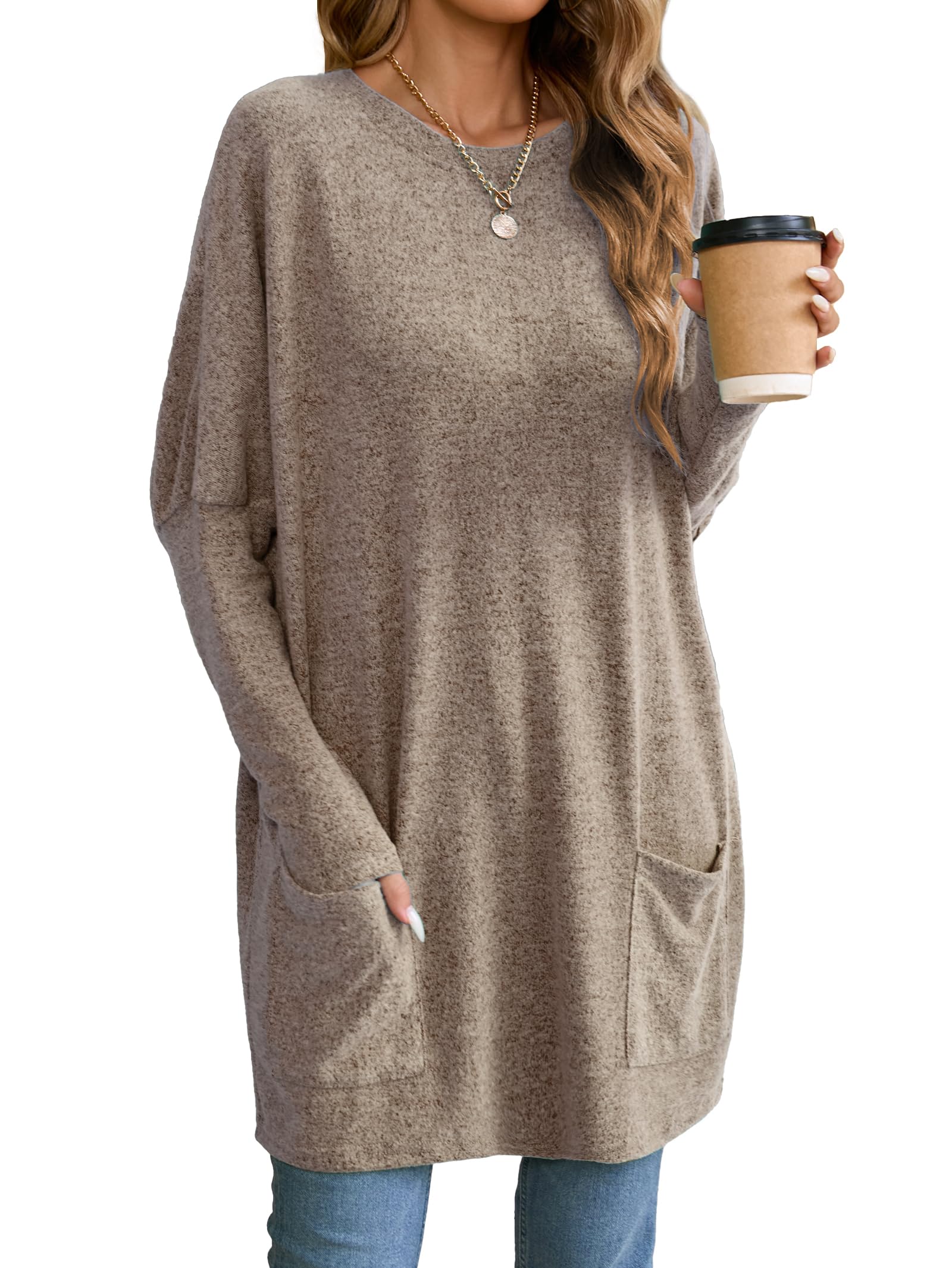 FamulilyLong Tunics for Women Casual Solid Color Oversized Long Tshirt Crew Neck Sweatshirt with Pockets