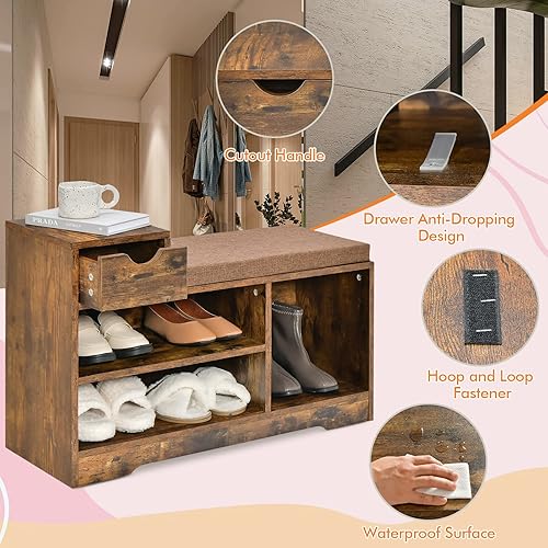 Miniatura 4 de GOFLAME Zapatero con asiento acolchado, organizador de almacenamiento de zapatos de 2 niveles con cajón y estante abierto, cubos de almacenamiento,