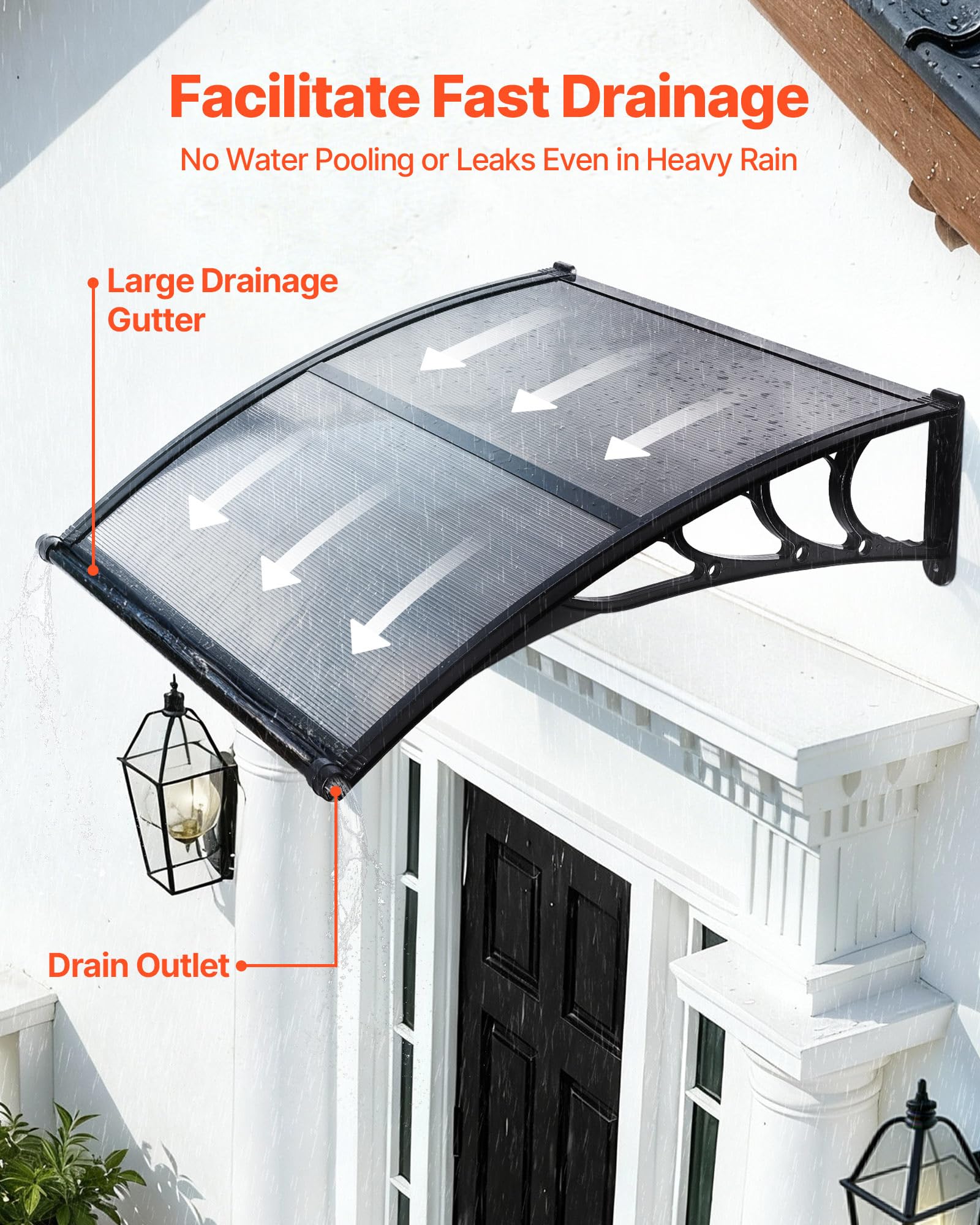 VEVOR Vordach für Haustür, 965x1017 mm, Pultbogenvordach, Überdachung mit Entwässerung & ABS-Halterung, Regen-, Schnee- & Sonnenschutz, Polycarbonat-Türdach für Veranda & Terrasse, Rauchgrau