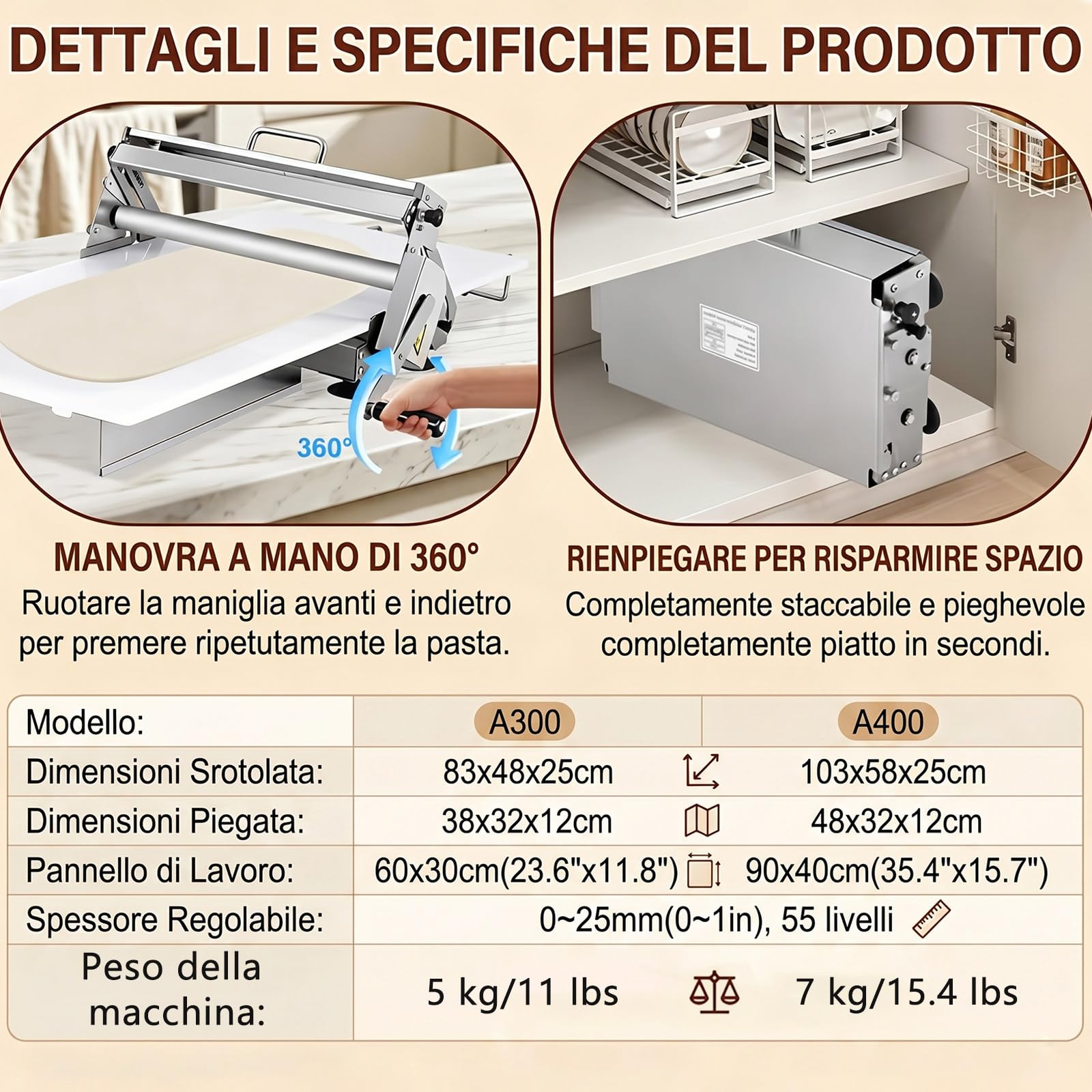 Sfogliatrice per Croissant, Macchina per Sfoglia Pieghevole Commerciale per Spessori da 0 a 25 mm, Pannello Antiaderente di Grandi Dimensioni, per Cucine Domestiche A400