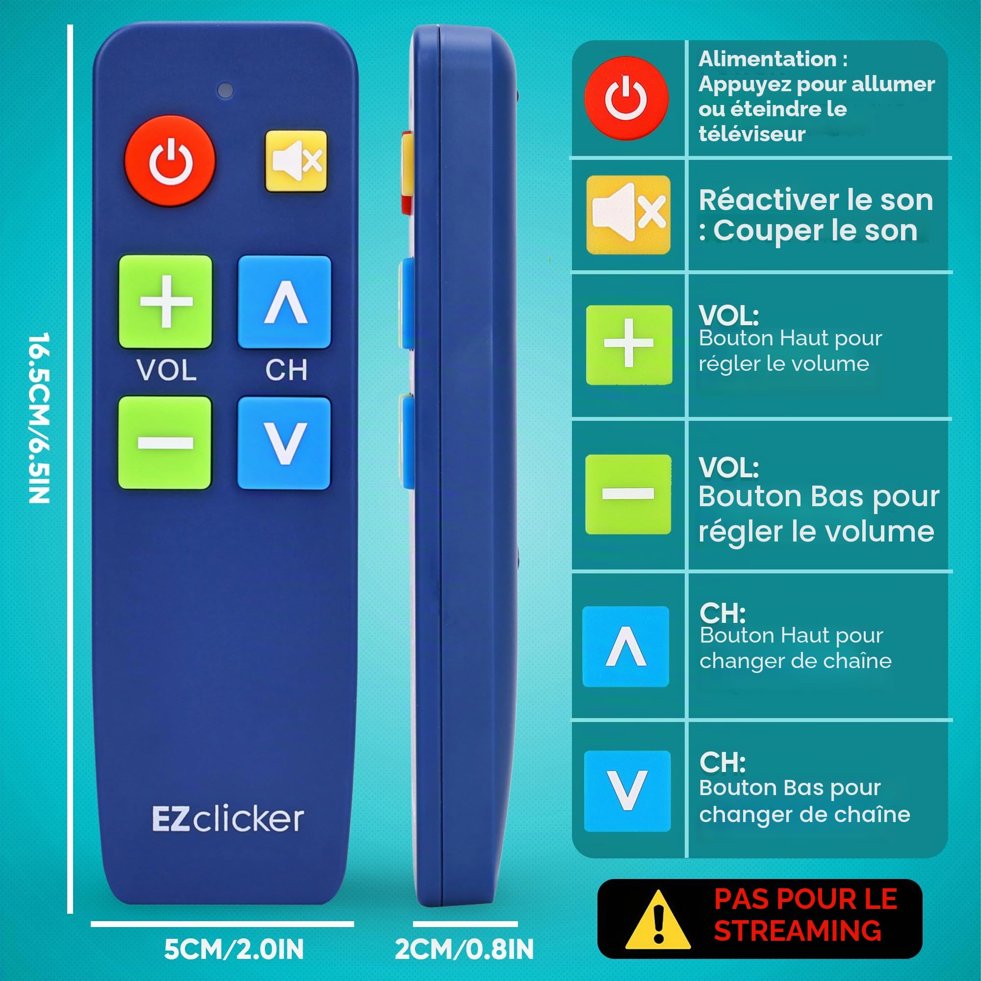 EZclicker Plus Télécommande TV pour Personnes âgées Télécommande Extra Simple à Gros Bouton Mute, Fonctionne avec Les Grandes Marques de télévision (2 Piles AAA Non incluses) (Bleu)