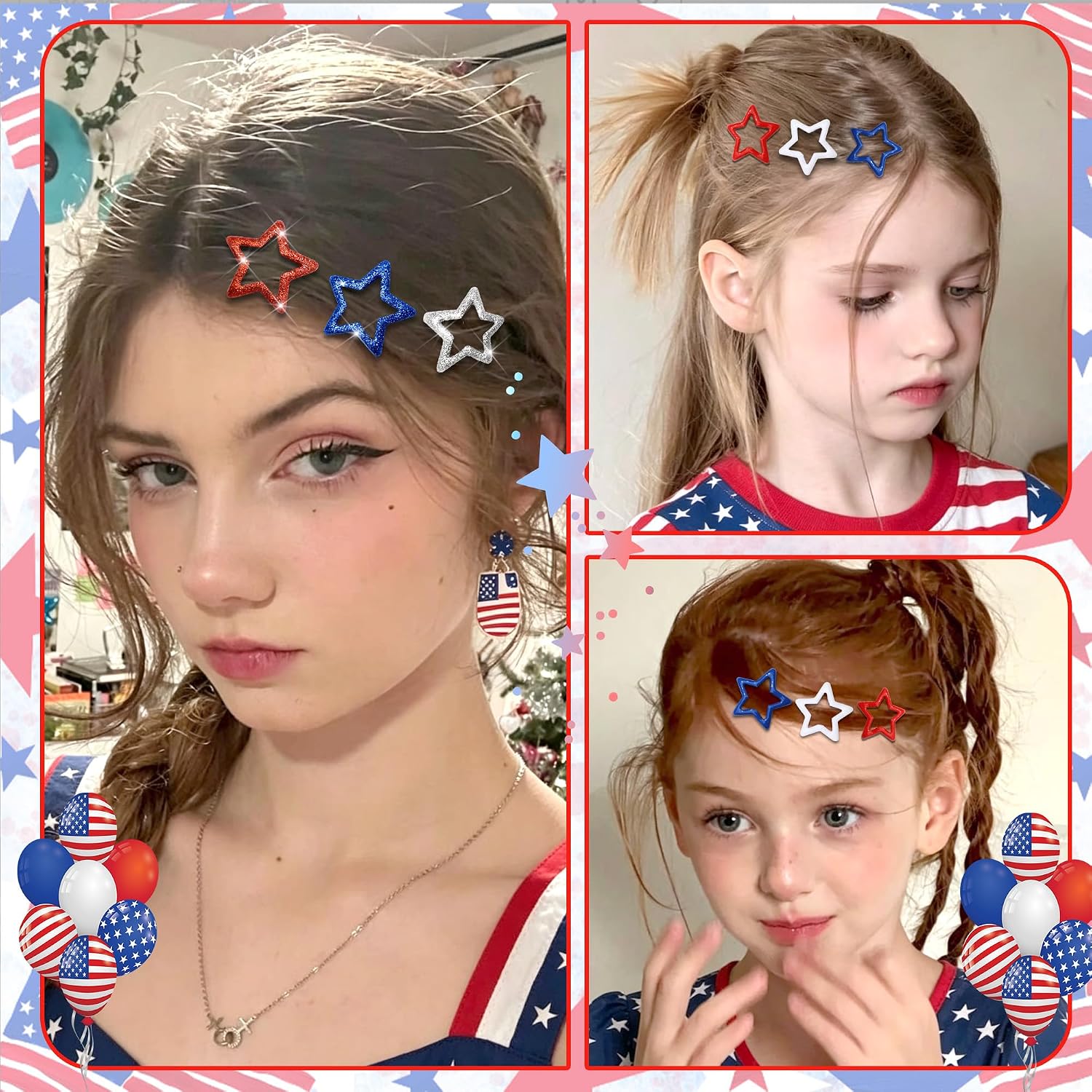 NAISKA 24PCS 4th of July Star Hair Clips 6 Styles Hair Barrettes Glitter Sequins Non Snap Clips for Girls Cute Pins Star Alligator Clip Patriotic Independence Day Hair Accessories for Women Girls