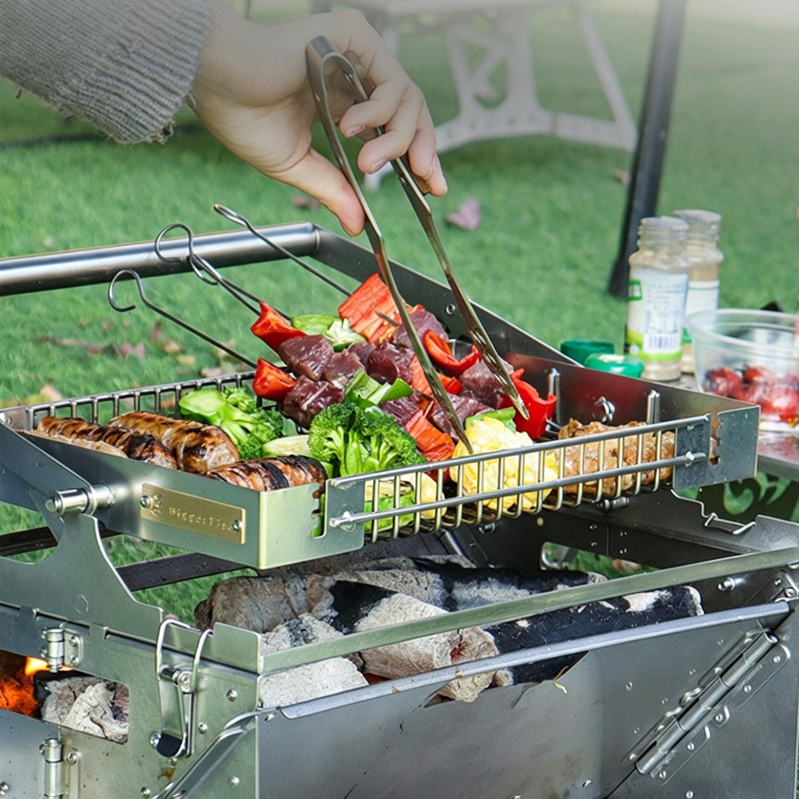 Przenośny grill ze stali nierdzewnej, obrotowy grill na węgiel drzewny, ze szczotkami i rękawiczkami, dwustronne otwieranie i zdejmowanie, idealny do grillowania na świeżym powietrzu, imprez na