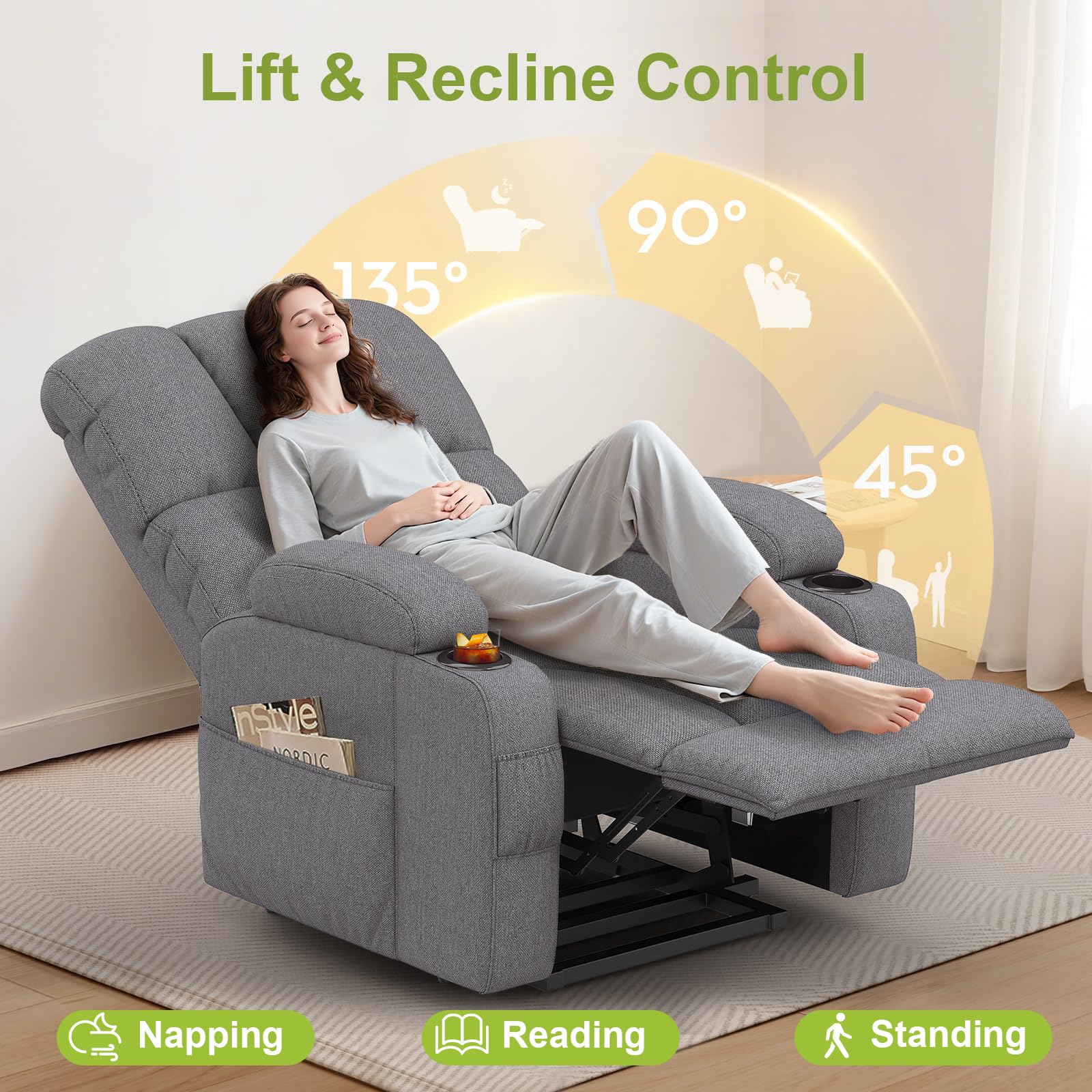 Fauteuil de relaxation - Fauteuil de massage électrique réglable - Avec fonction allongée - Massage - Fonction chauffante - Ports de type C et USB - 4 poches latérales - 2 porte-gobelets