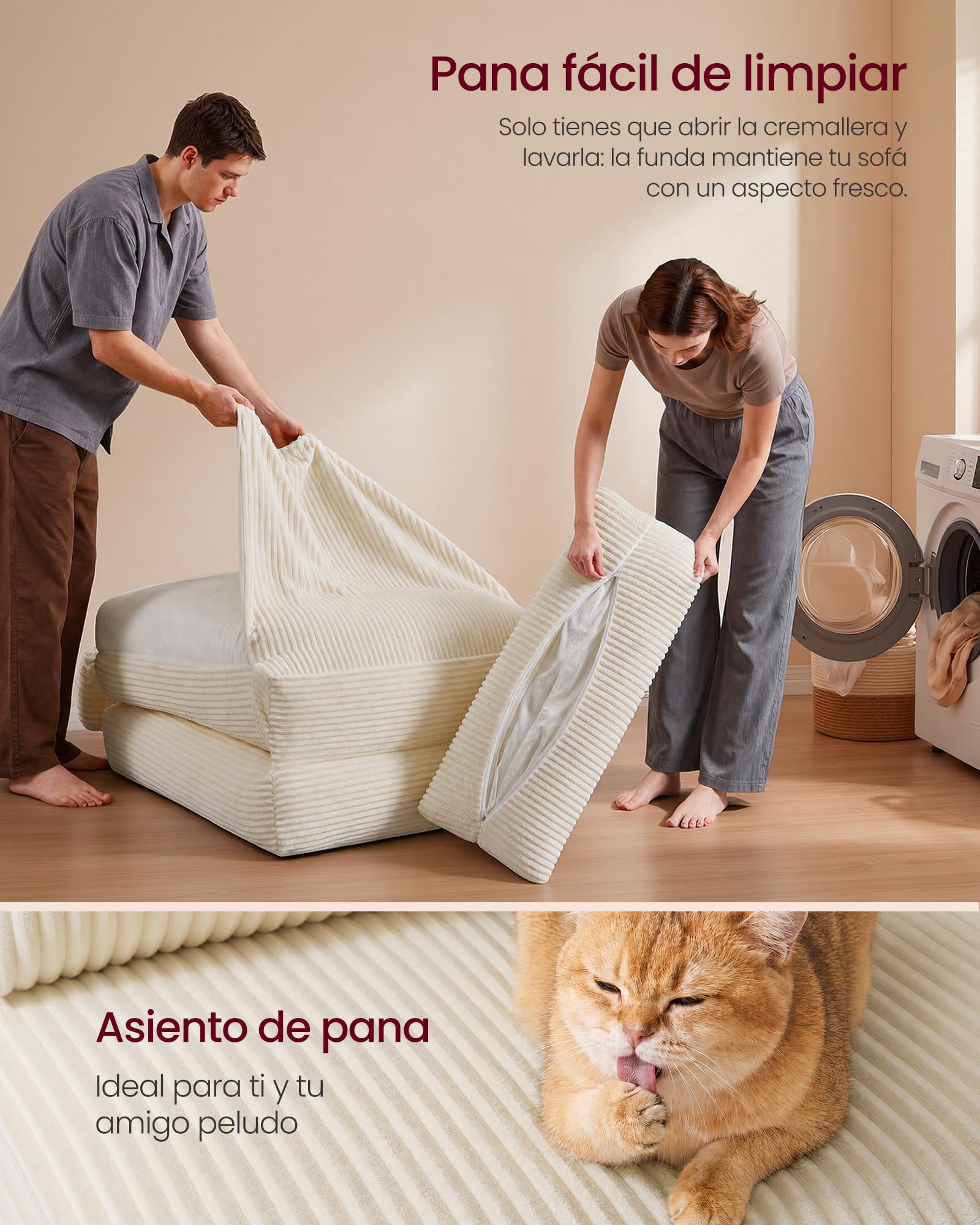 VASAGLE Sofá Cama Plegable, Sillón de Pana con Espuma de Alta Densidad, 89 x 89 x 78 cm / 89 x 195 x 43 cm, Blanco Cálido Claro, para Espacios Pequeños y Salón, Colección Camila LCS211W101
