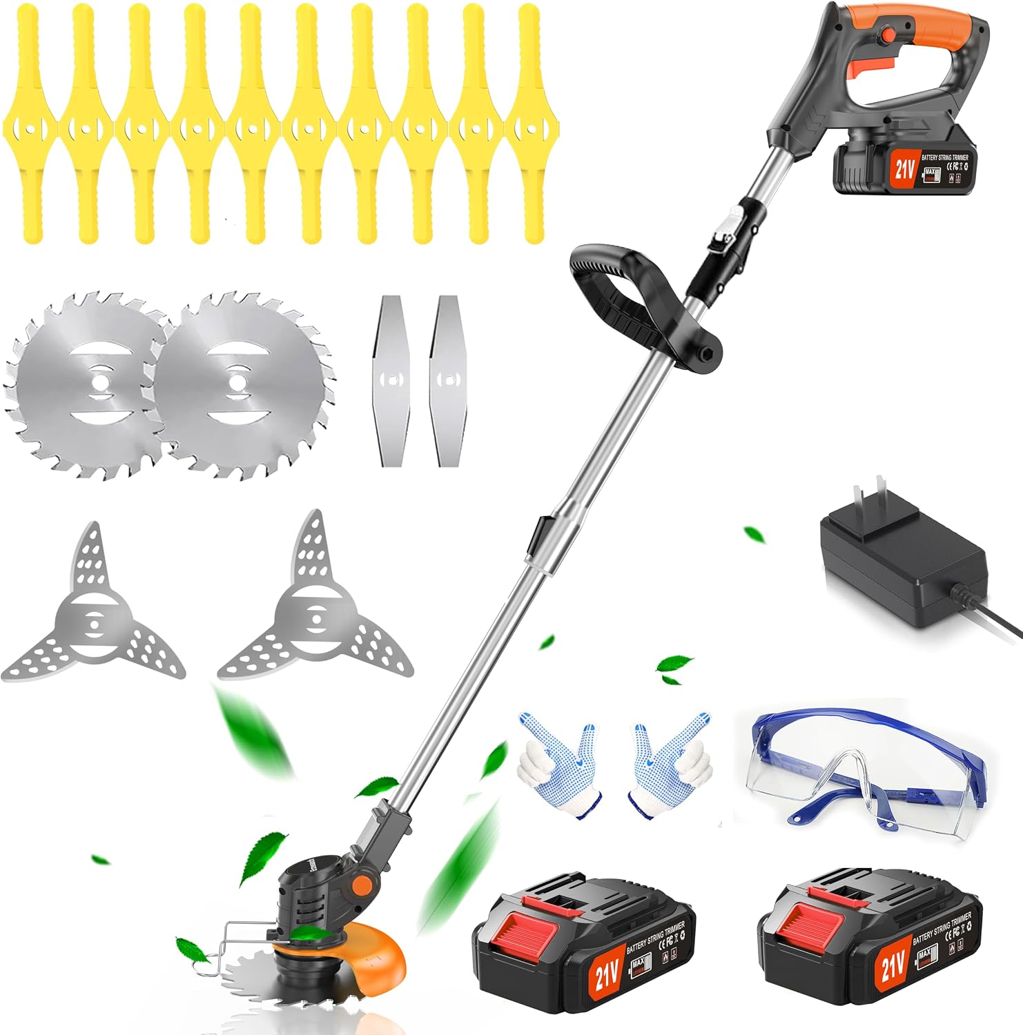 Cordless Electric String Trimmer, 21V with 2 Batteries, 4 Blades, Safety Gear and Accessories (Black)