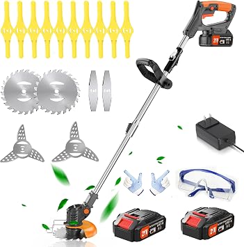Cordless Electric String Trimmer, 21V with 2 Batteries, 4 Blades, Safety Gear and Accessories Black