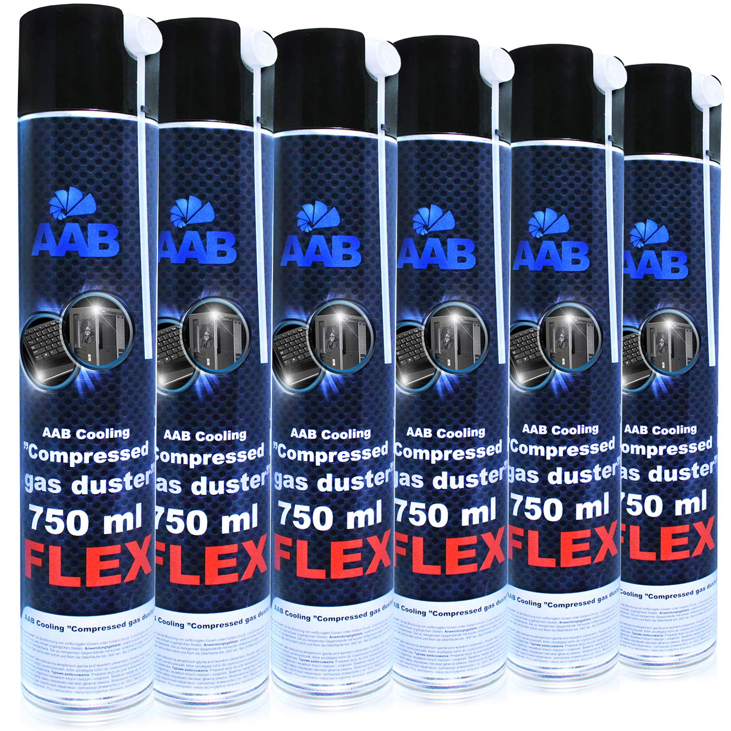 AABCOOLING Compressed Gas Duster Flex 750ml - Set of 6 - Air Duster with Flexible Tube, Laptop Cleaner, Compressed Air Can, Air Blower