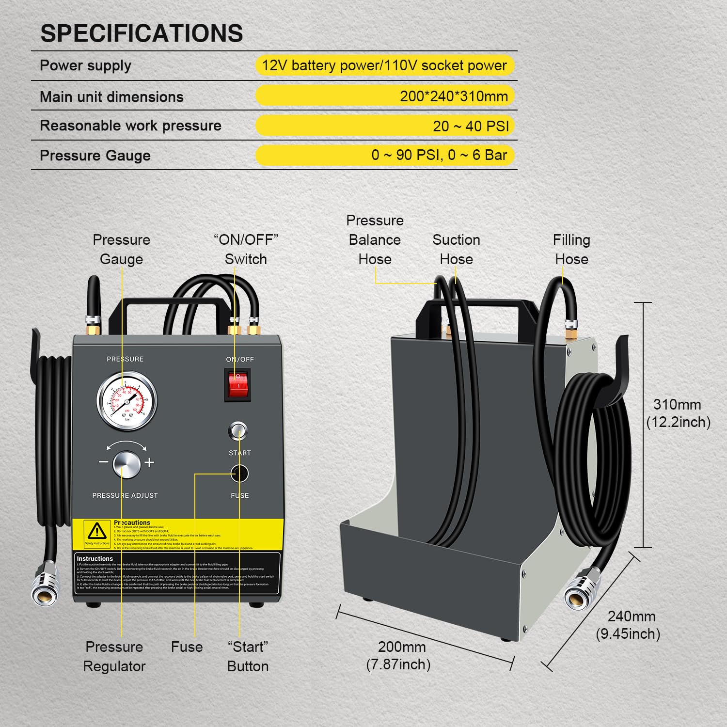 YSTOOL Kit de máquina de purga de freno de pulso eléctrico con 110 V CA y 12 V CC de doble propósito, unidad de purga de embrague, kit adaptador de cilindro maestro, botellas de aceite residual