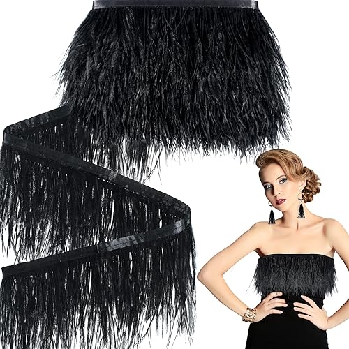 Janinka Adornos de plumas de avestruz negras de 10 yardas de 3 a 4 pulgadas con flecos, para manualidades, manualidades, accesorios de disfraces de