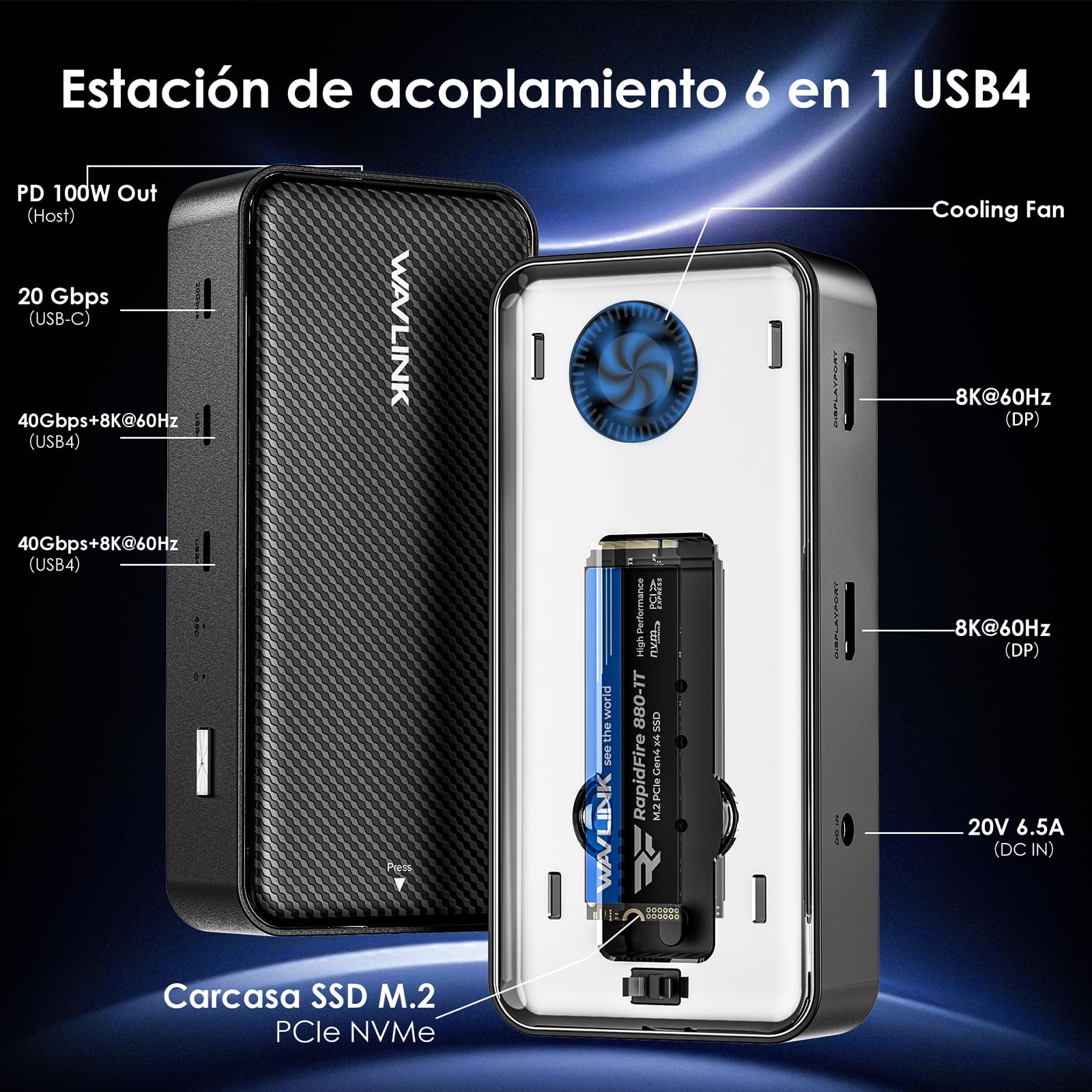 WAVLINK Estación de Acoplamiento USB4 para Trabajo Creativo Profesional, Pantalla 8K única / 4K Triple, PD 130W, USB4 40Gbps, USB-C 20Gbps, Carcasa SSD NVMe M.2 20Gbps con Ventilador refrigerante