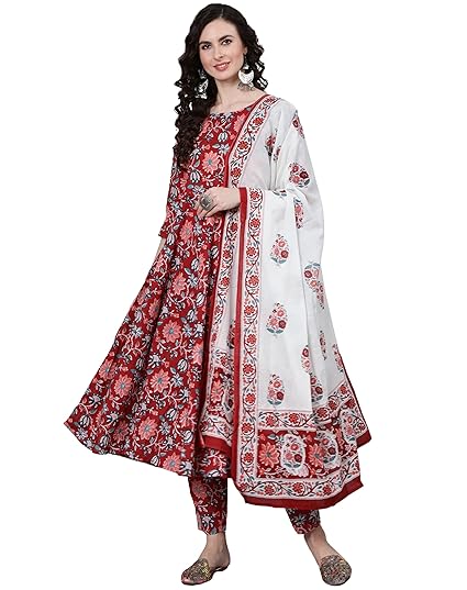 Amayra Women's Rayon Printed Anarkali Kurti with Palazzos and Dupatta Set