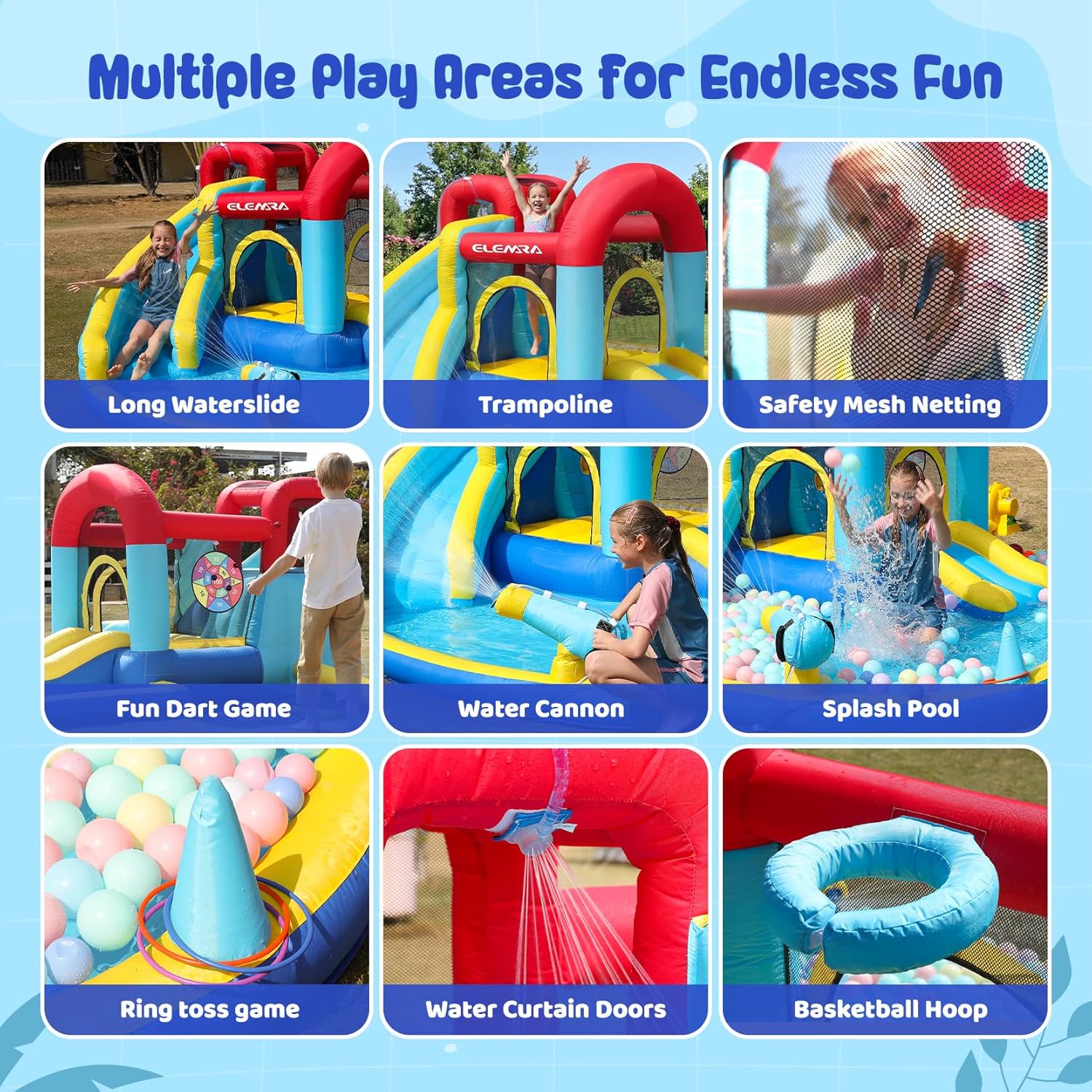 ELEMARA Inflatable Water Slide, 9 in 1 Kids Bounce House with 2 Slides, Pool&Trampoline, Fun Dart Game&Ring-toss Game, Climbing Walls, Bounce House with Blower for Outdoor Indoor, 108.3*106.3*56.3in