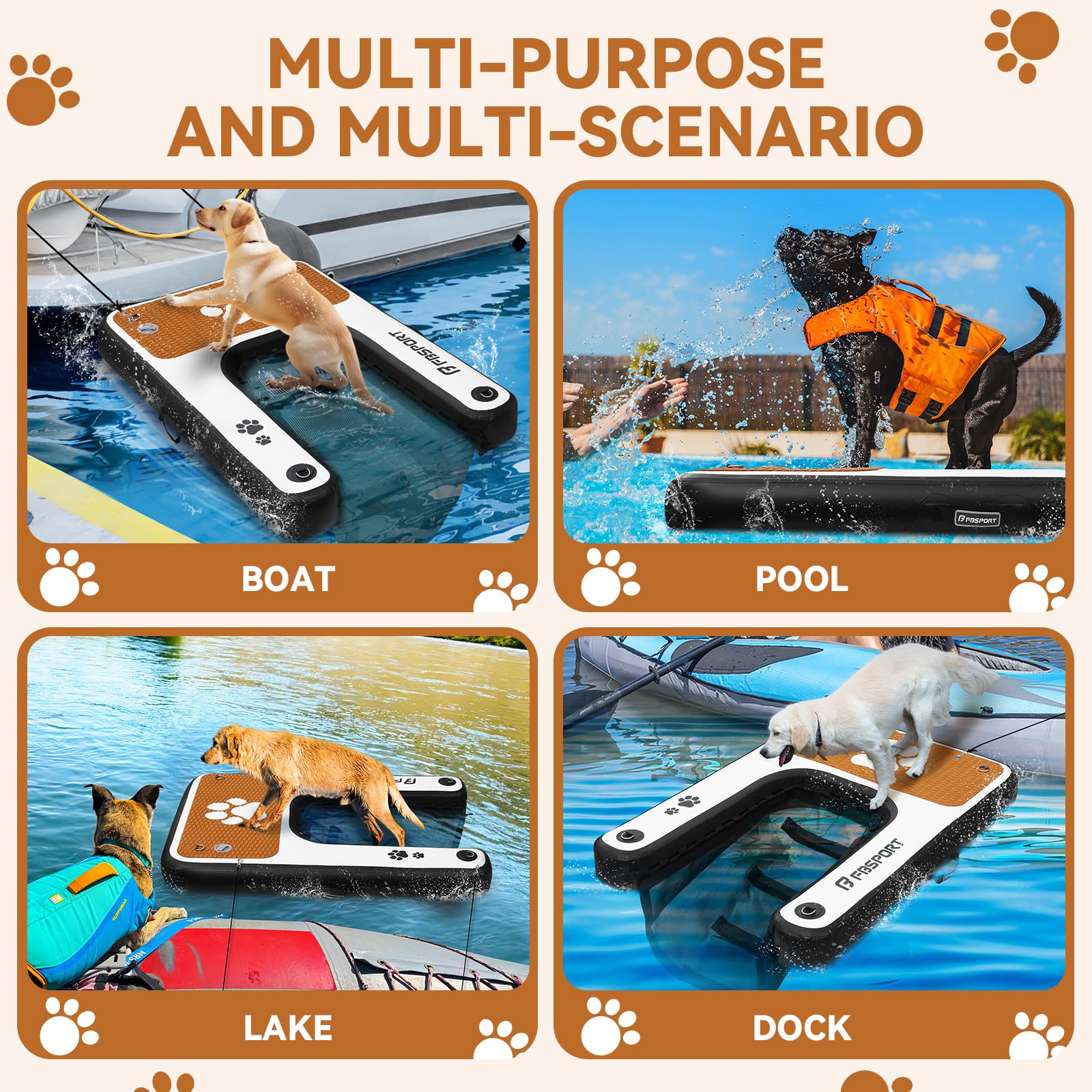 FBSPORT Rampa de Agua Hinchable para Perros, Escalera Flotante para Muelles Piscinas, Barcos, Lagos, Antideslizante de EVA para Perros de hasta 100 kg