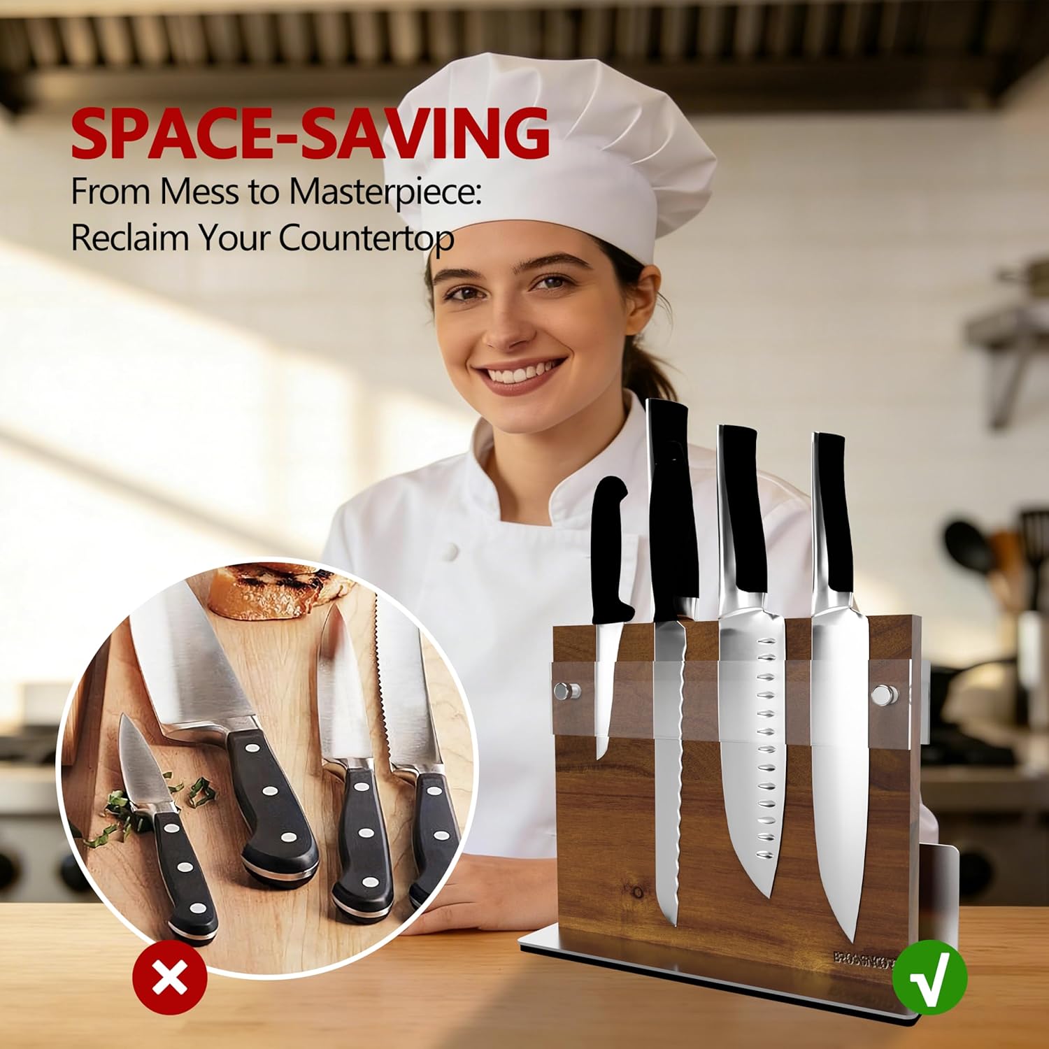 Brosisincorp Acacia Magnetic Knife Block Double-Sided for Kitchen Counter Top - Heavy Duty Base & Shatter-Resistant Acrylic Shield, Holds 10-12 Knives, Space Saving Organizer (No Knives Included)