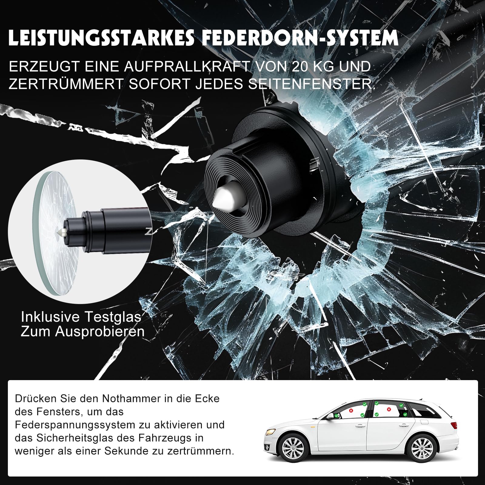 2 in 1 Gurtschneider Notfallhammer, 2 Stück Notfallhammer Auto Mit Gurtschneider, Auto Sicherheitshammer mit Übungsglas und Klebebasis Emergency Cartool Geeignet für Pkw, SUV, Busse - 4