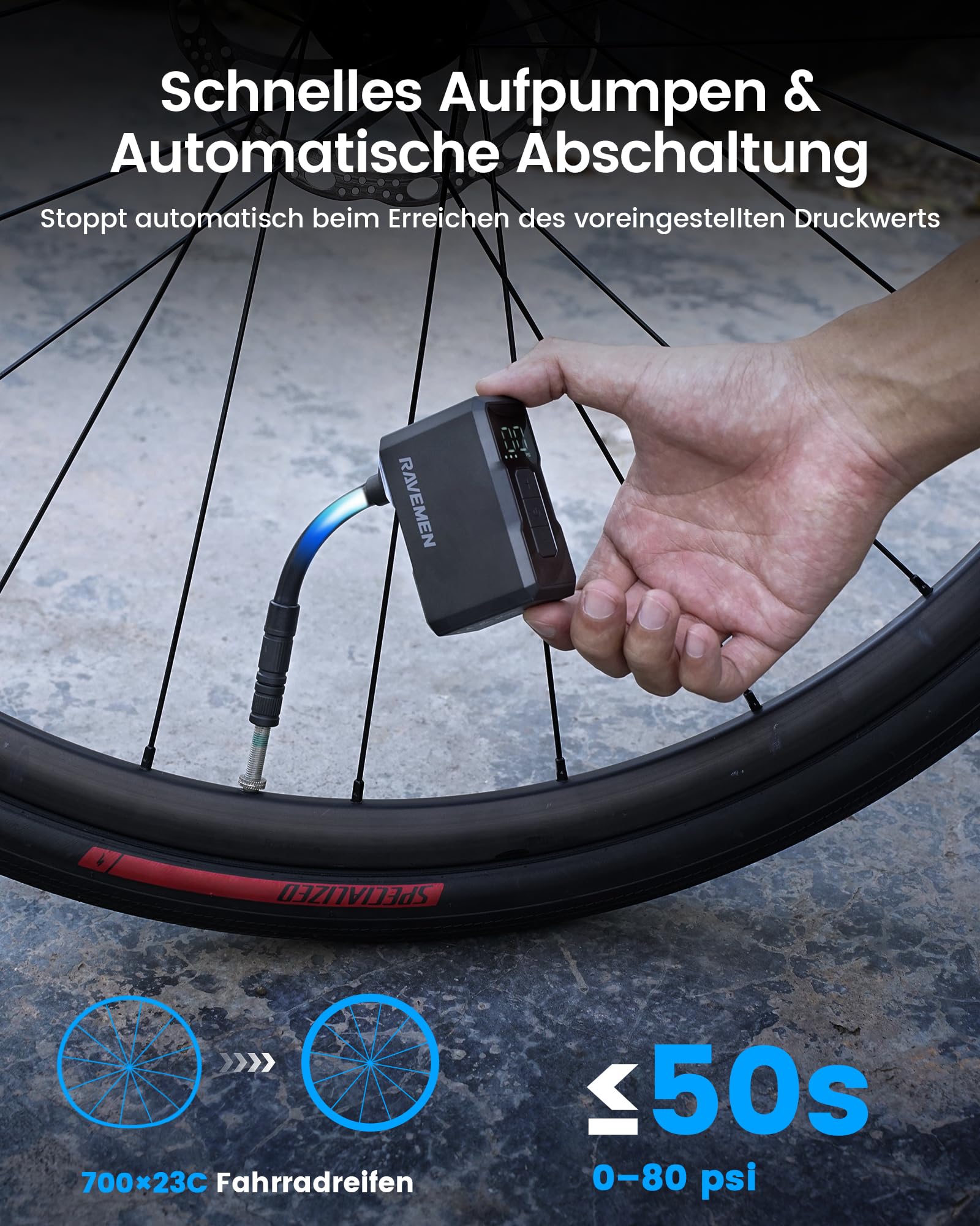 RAVEMEN EP01 Mini Fahrradpumpe, Maximal 120 PSI Tragbare elektrische Fahrradreifenpumpe mit Automatischer Abschaltautomatik kompatibel mit Presta Schrader Betriebsanzeige MTB, Rennrad, E-Bike
