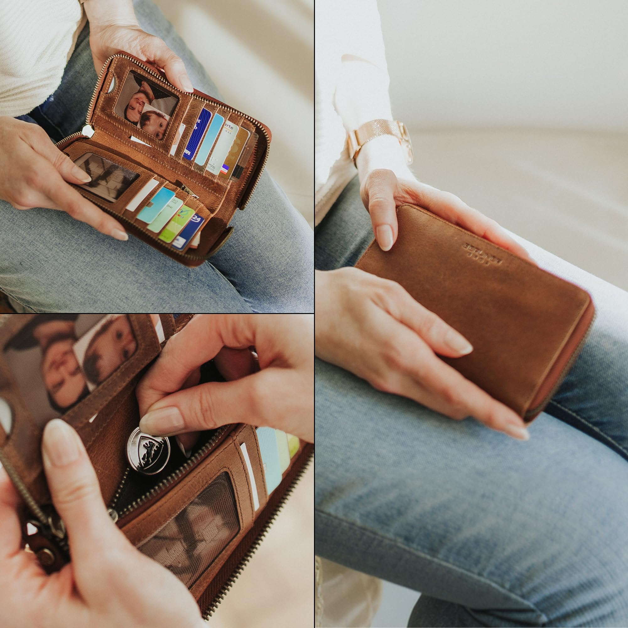 Berliner Bags Vintage Geldbörse Greta, Großes Damen Portemonnaie aus Leder, Brieftasche Geldbeutel mit RFID-Schutz, umlaufendem Reißverschluss & Münzfach für Damen – Braun