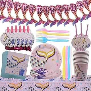 WENTS Stoviglie per Feste a Sirena Articoli per Feste per Ragazze Compleanno Baby Shower Nozze Borsa per Posate Tovaglioli Tovaglie Tazze Cannucce Utensili Piatti Serve 10 Ospiti 84 Pezzi