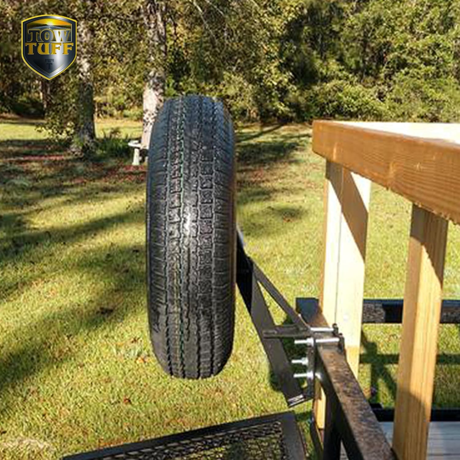 Tow Tuff TTF-08HD Heavy Duty Powder-Coated 120 Pound Capacity Steel Universal Spare Trailer Tire Carrier for 4 and 8 Hold Bolt Hold Wheels, Black