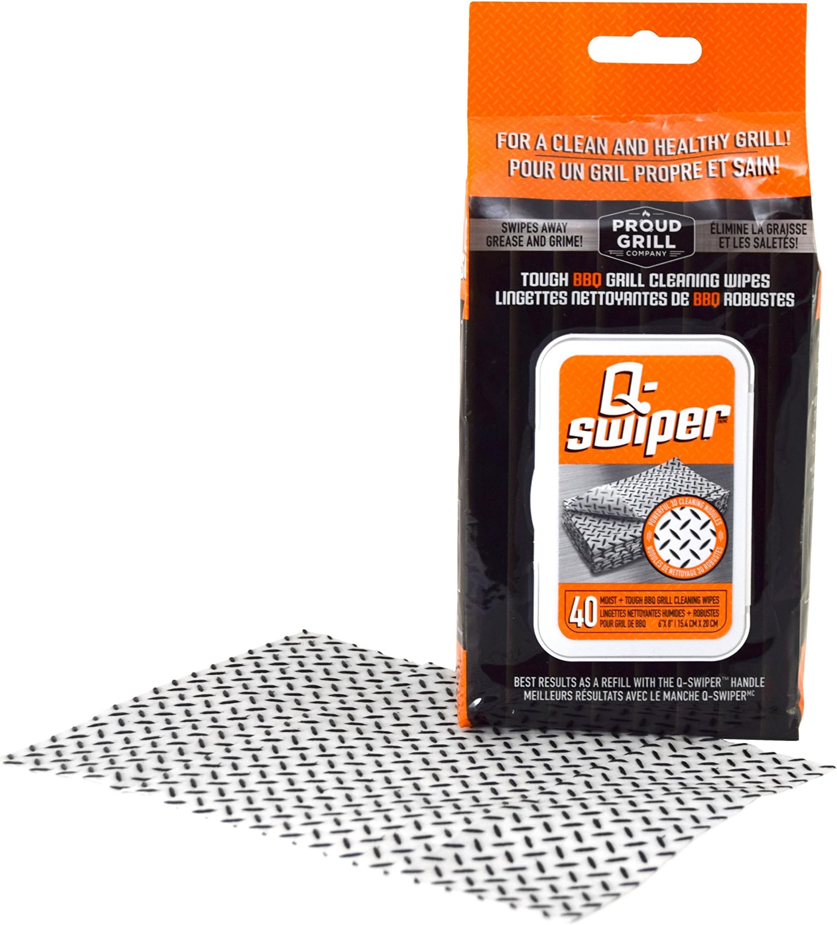 Proud Grill Company Q-Swiper Grill Cleaning Wipes - 40 Count. Bristle Free and Wire Free Grill Cleaner. Use with Q-Swiper Grill Brush (Sold Separately)
