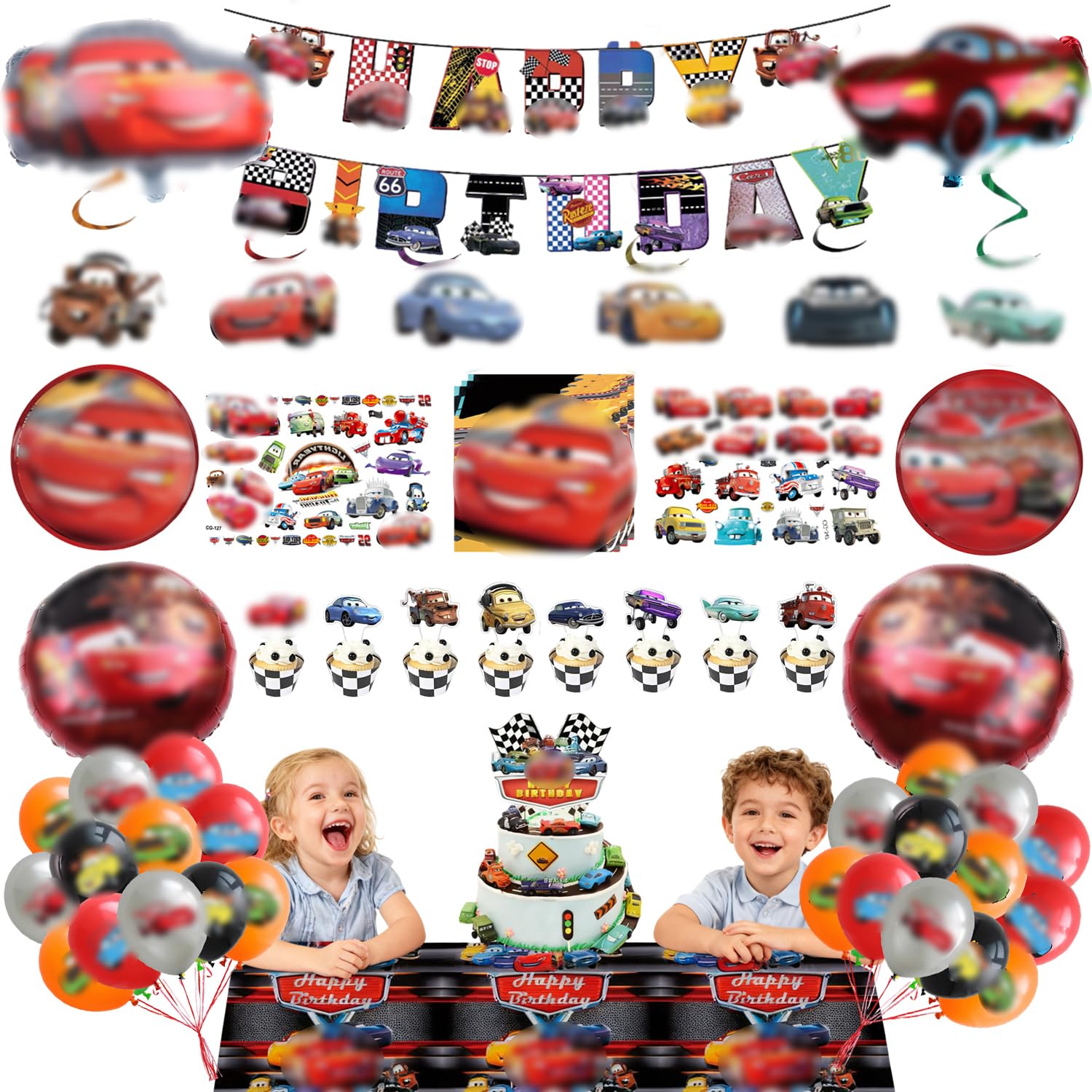 Decorazione per compleanno per bambini, 95 pezzi, auto da corsa, palloncini per feste di compleanno, decorazioni per auto, stoviglie per feste di compleanno per bambini, palloncini in alluminio