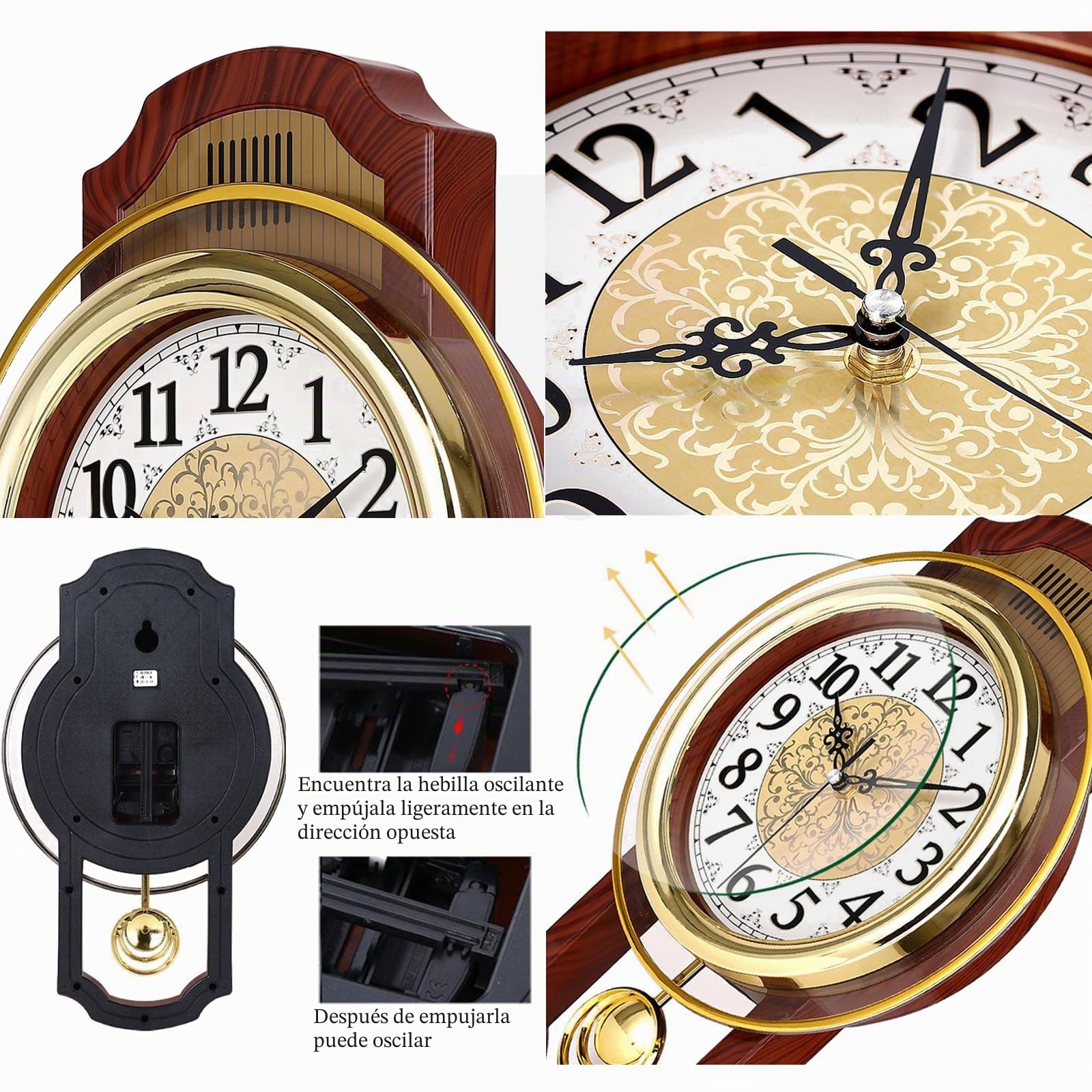 Reloj de pared con péndulo antiguo de textura vintage, simula grano de madera, movimiento silencioso de barrido sin tictac, estilo clásico retro, marco de plástico, vidrio ABS