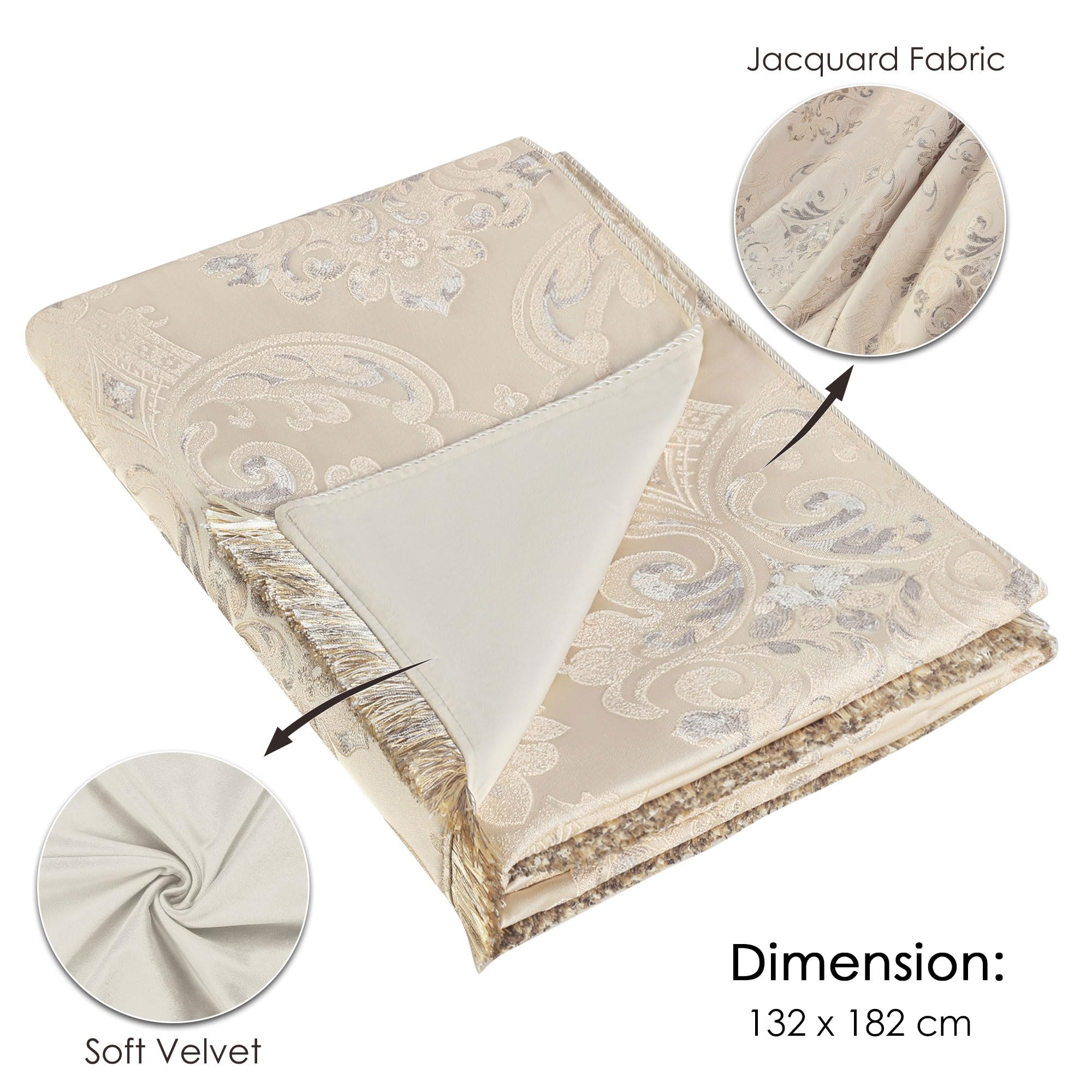 Manta Sofá de Jacquard Damasco, Manta Clásica de Lujo con Borlas para Cama Sofa Sillón Reclinable Sala de Estar Dormitorio 132x182cm (Beige)