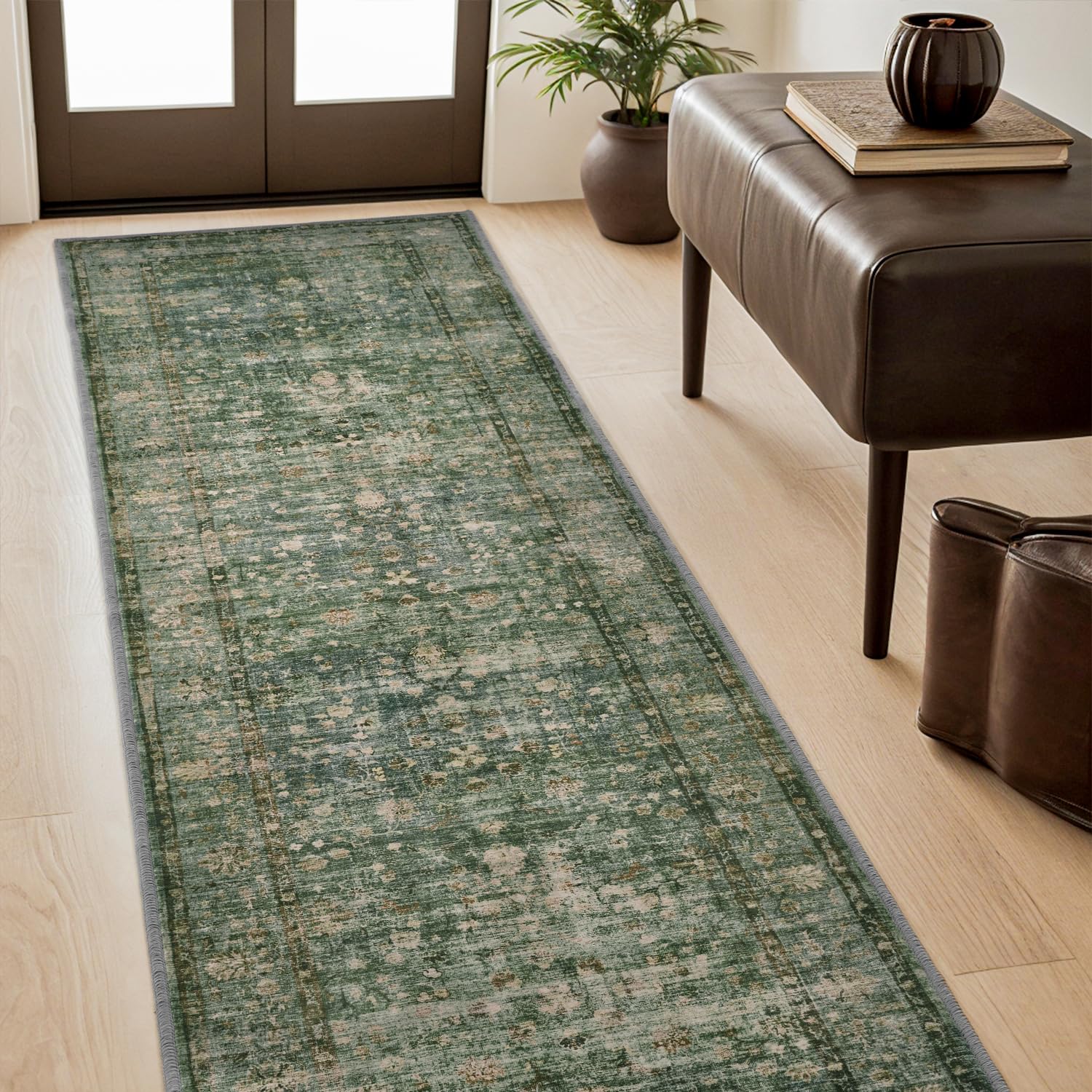 2x6 Runner Rugs for Hallways Washable Area Rugs Low-Pile, Vintage Bathroom Runner Rug Non Slip, Distressed Ultra-Thin Indoor Carpet Bedside Rug, Green
