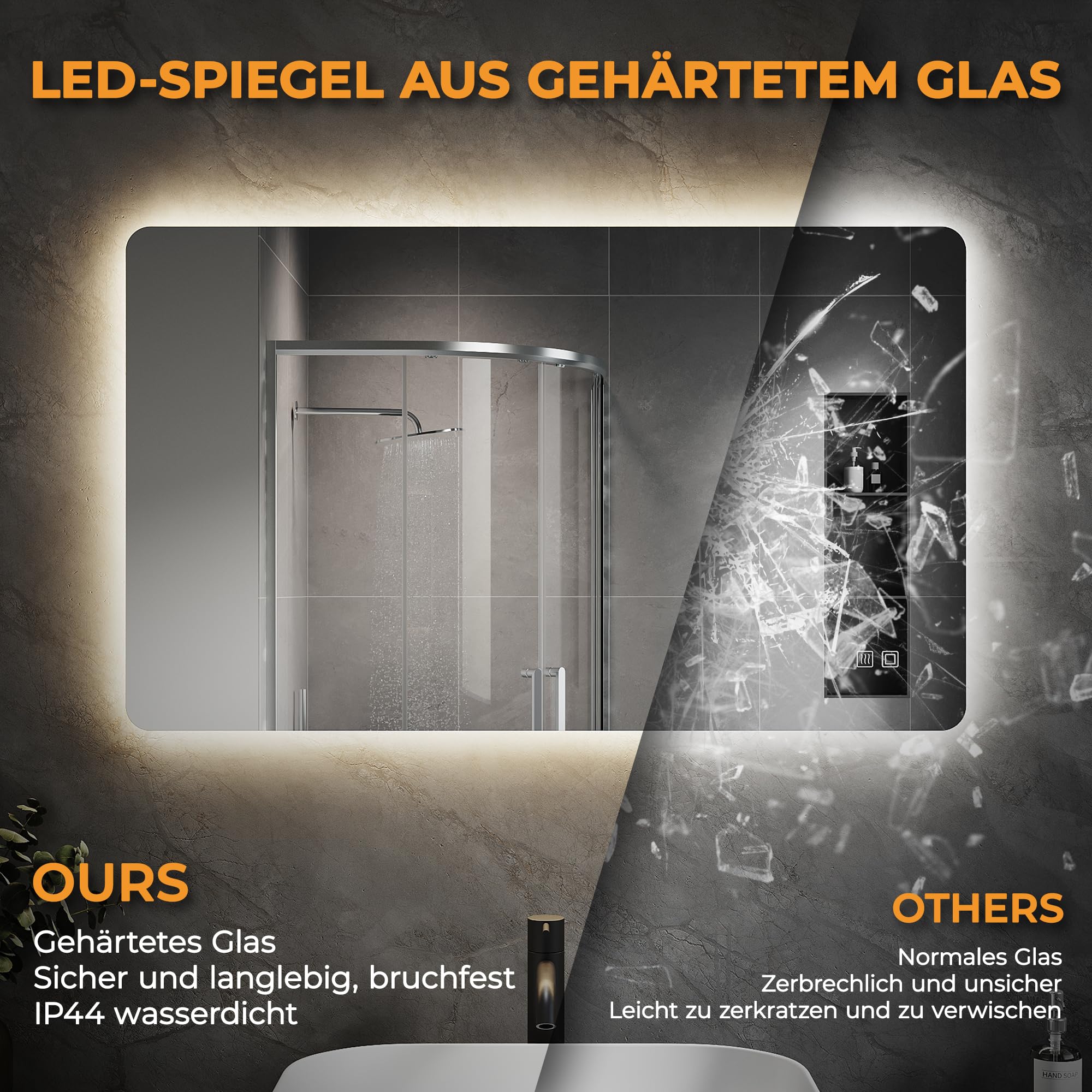 SVNR badezimmerspiegel mit beleuchtung - 100 x 60 cm spiegel mit beleuchtung, Wandmontierter Multifunktionaler Badezimmerspiegel, R10-Abgeschrägte Kante, Uhr, Antibeschlag, LED-Smart-Spiegel