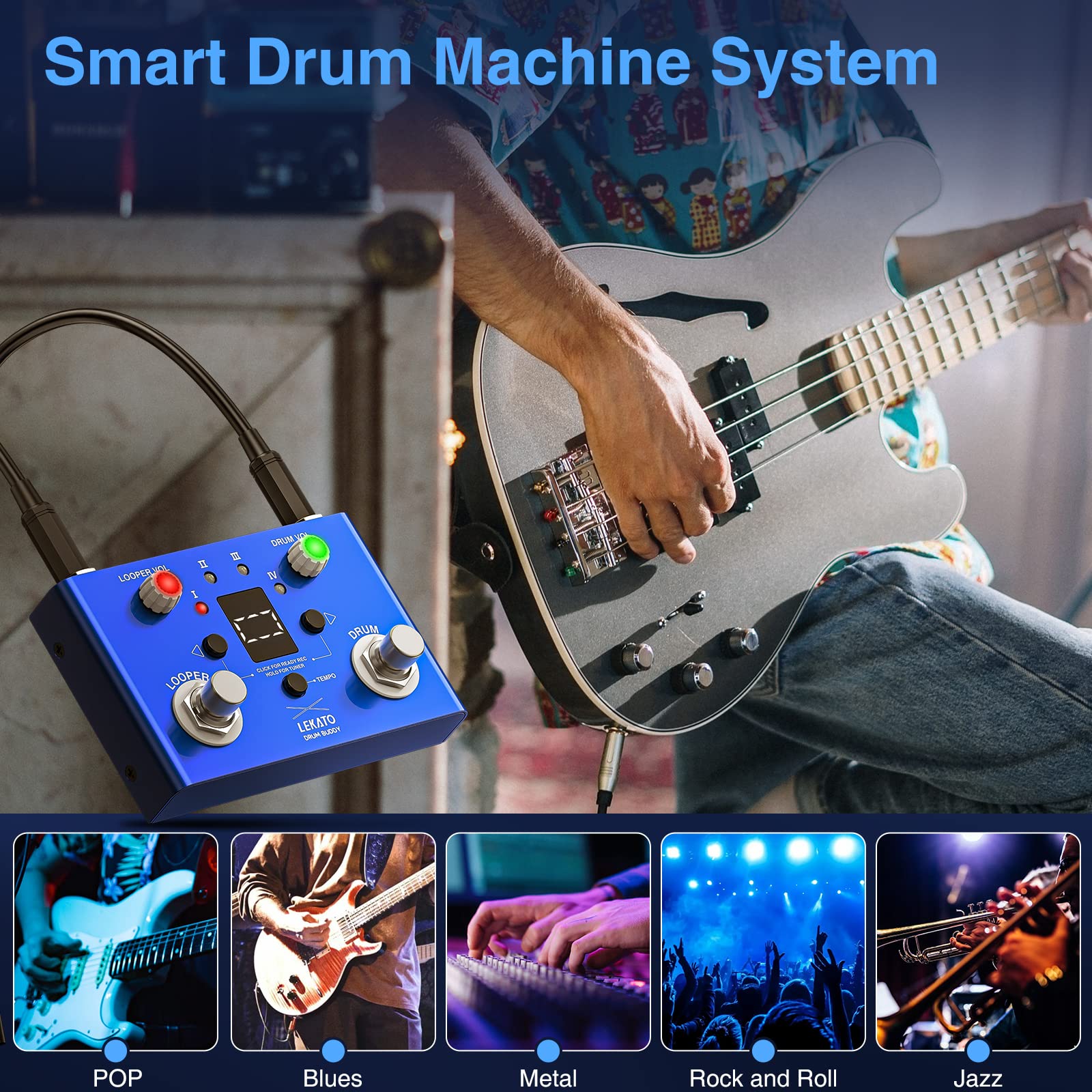 LEKATO Drum Looper Pedal con Tuner, 4 Loops 11 Minutes Loop Pedal con Drum Machine 30 Drums con App per personalizzare modificare e salvare il groove di batteria per chitarra elettrica e basso