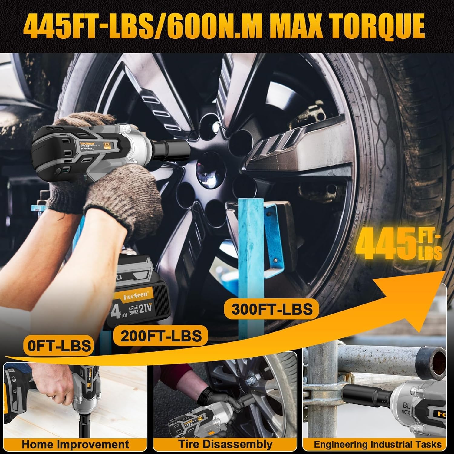 Power Cordless Impact Wrench - 1/2 inch 21V Brushless Impact Gun Max Torque 445 Ft-lbs (600N.m), Electric Impact Wrenches with 4.0Ah Li-ion Battery & Fast Charger (Gray Yellow)