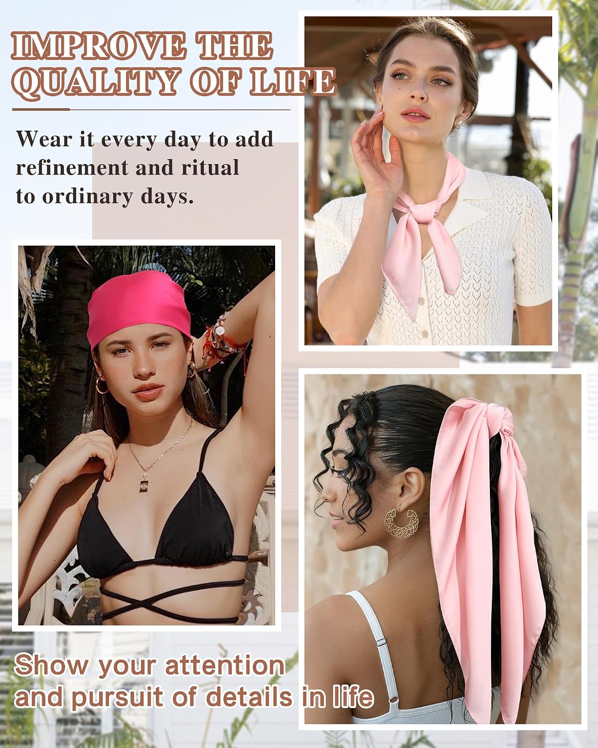 CHLINS 2 Pcs 27.5” Head Scarf for Women Satin Hair Scarf Neckerchief Square Bandanas Hair Wraps(Rose Red+Light Pink) image 5