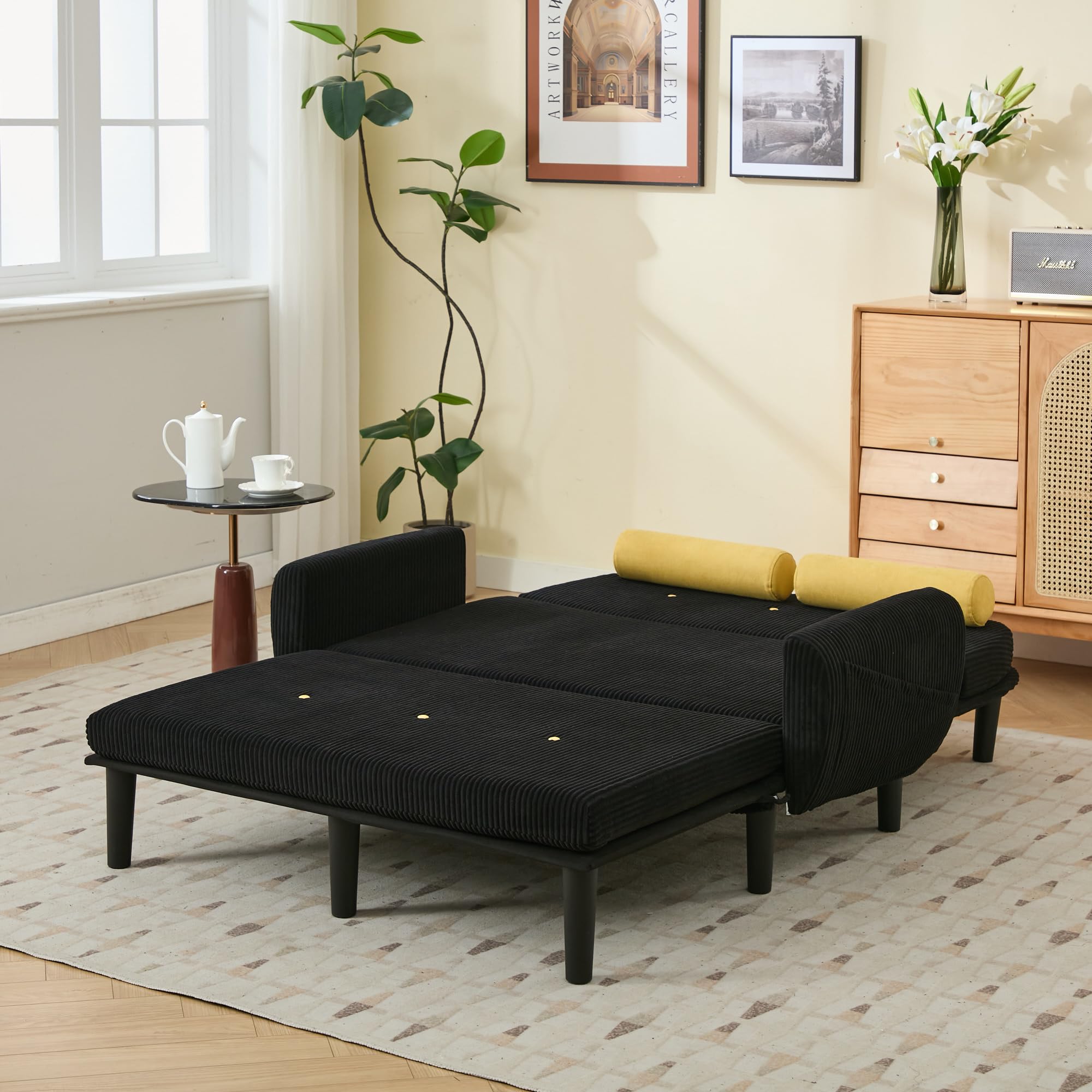 Generisch Schwarzer Cord-Loveseat-Sofa für das Wohnzimmer, als Daybed und Relaxsessel mit Stauraum.