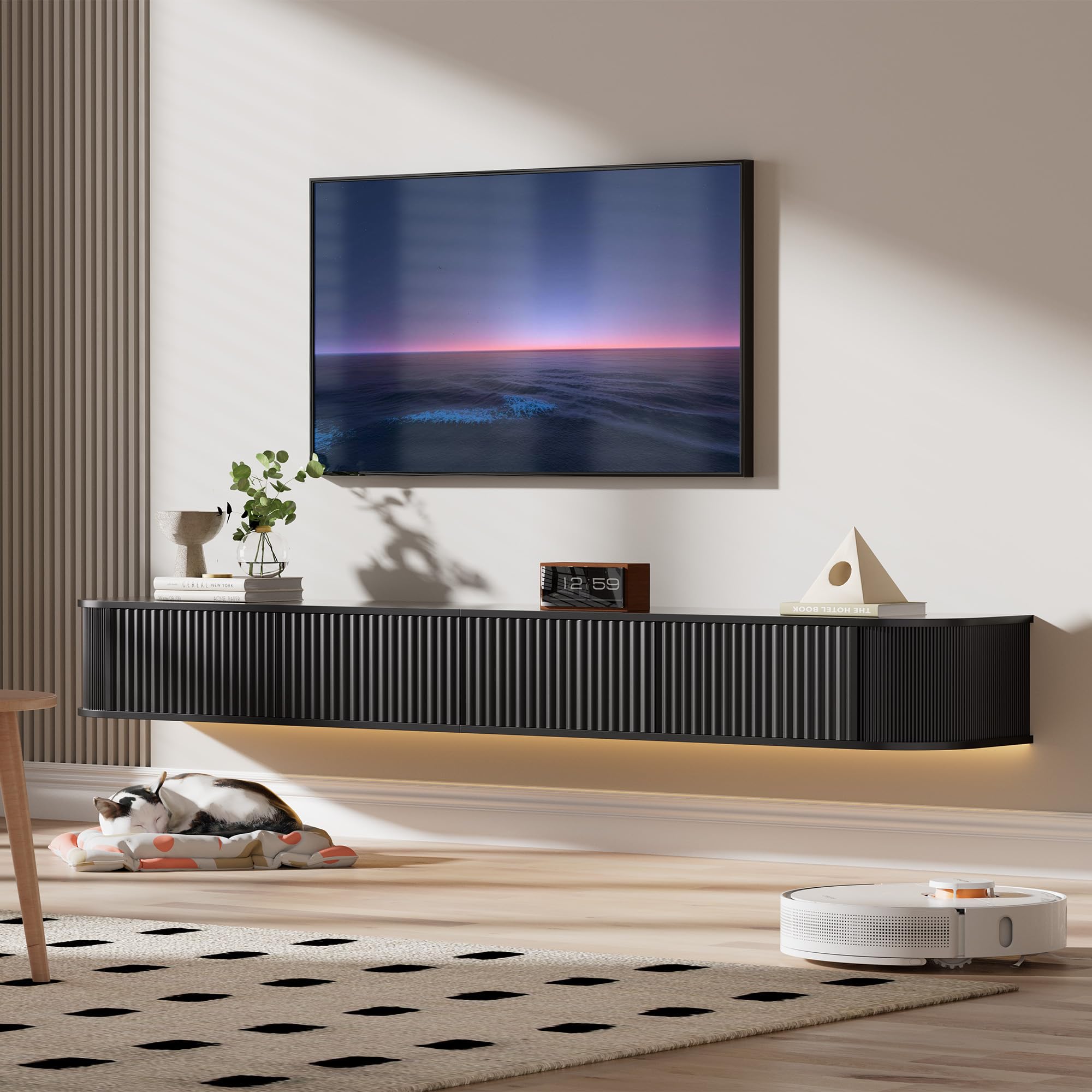 PURFINO Floating TV Stand Unit with RGB LED Light - 160CM Wall Mounted TV Cabinet with Upgraded Storage & Rounded Edges, Modern TV Media Console for 55-65 Inch TVs