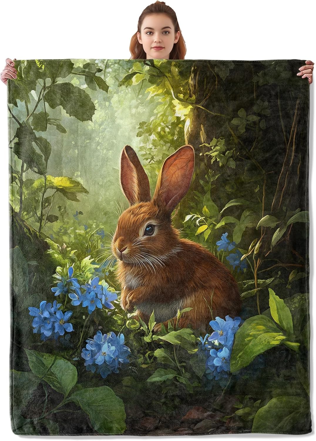 Cute Rabbit in Forest Blanket, Soft Cozy Warm Flannel Bunny Throw - Plush Lightweight Blankets for Travel, Decor, Bedroom, Office - Gifts for Adults Kids Women Men 60"×50"